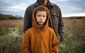 A young boy with curly hair, wearing an orange hoodie, stands in front of an adult whose face is partially out of frame, in a grassy field under a cloudy sky.