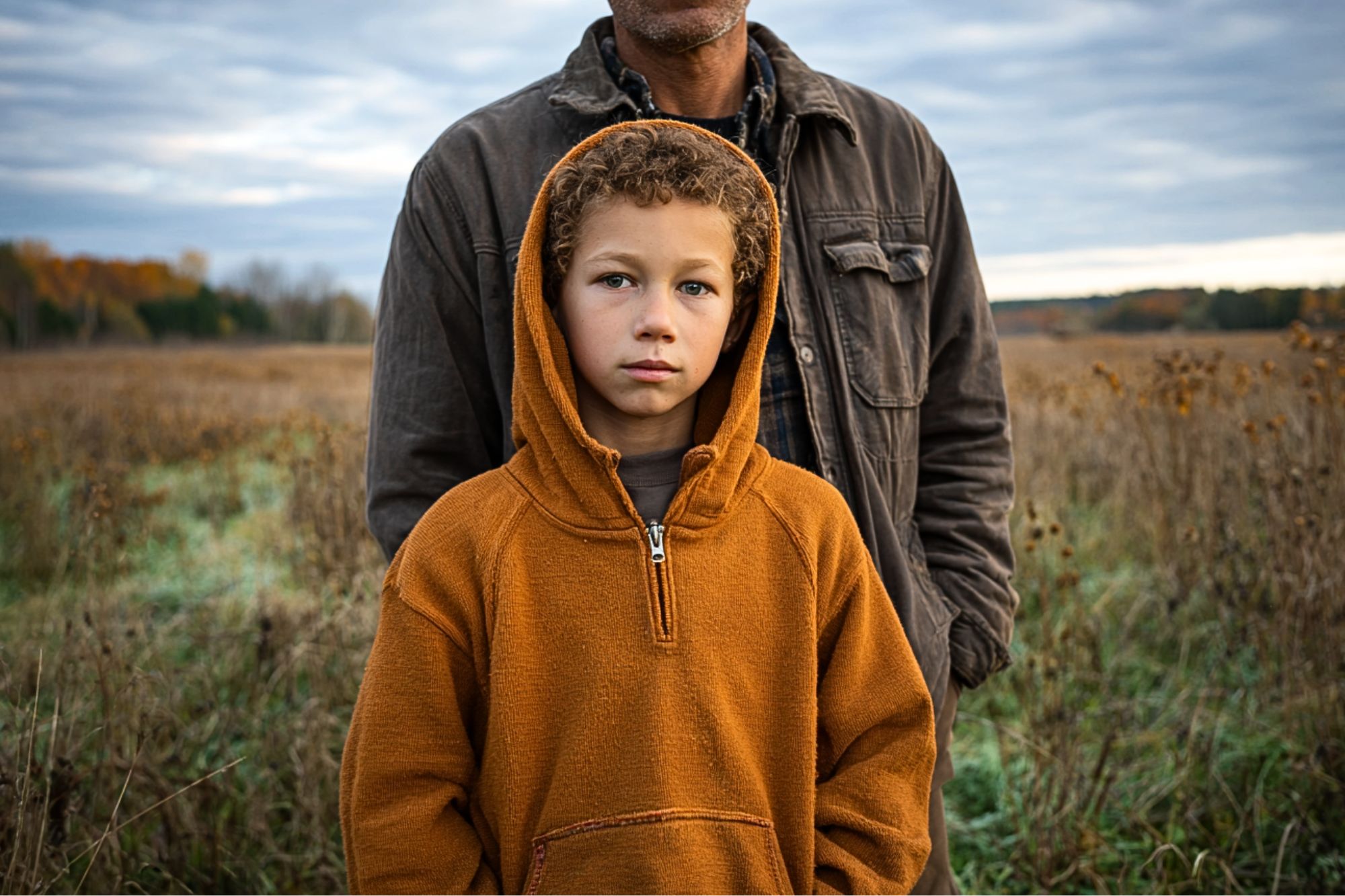 A young boy with curly hair, wearing an orange hoodie, stands in front of an adult whose face is partially out of frame, in a grassy field under a cloudy sky.