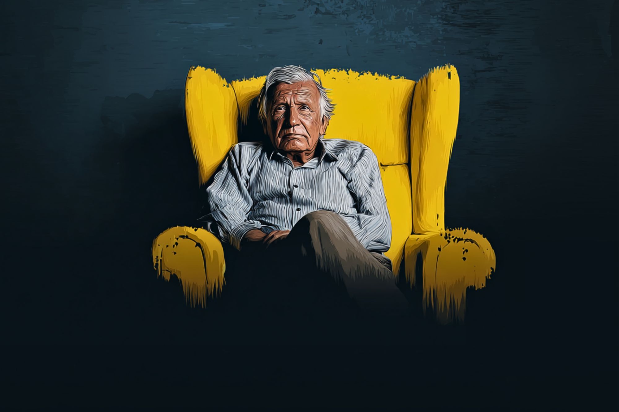 An elderly man with gray hair sits pensively in a bright yellow armchair against a dark background, wearing a striped shirt and khaki pants, with his arms folded and legs crossed.