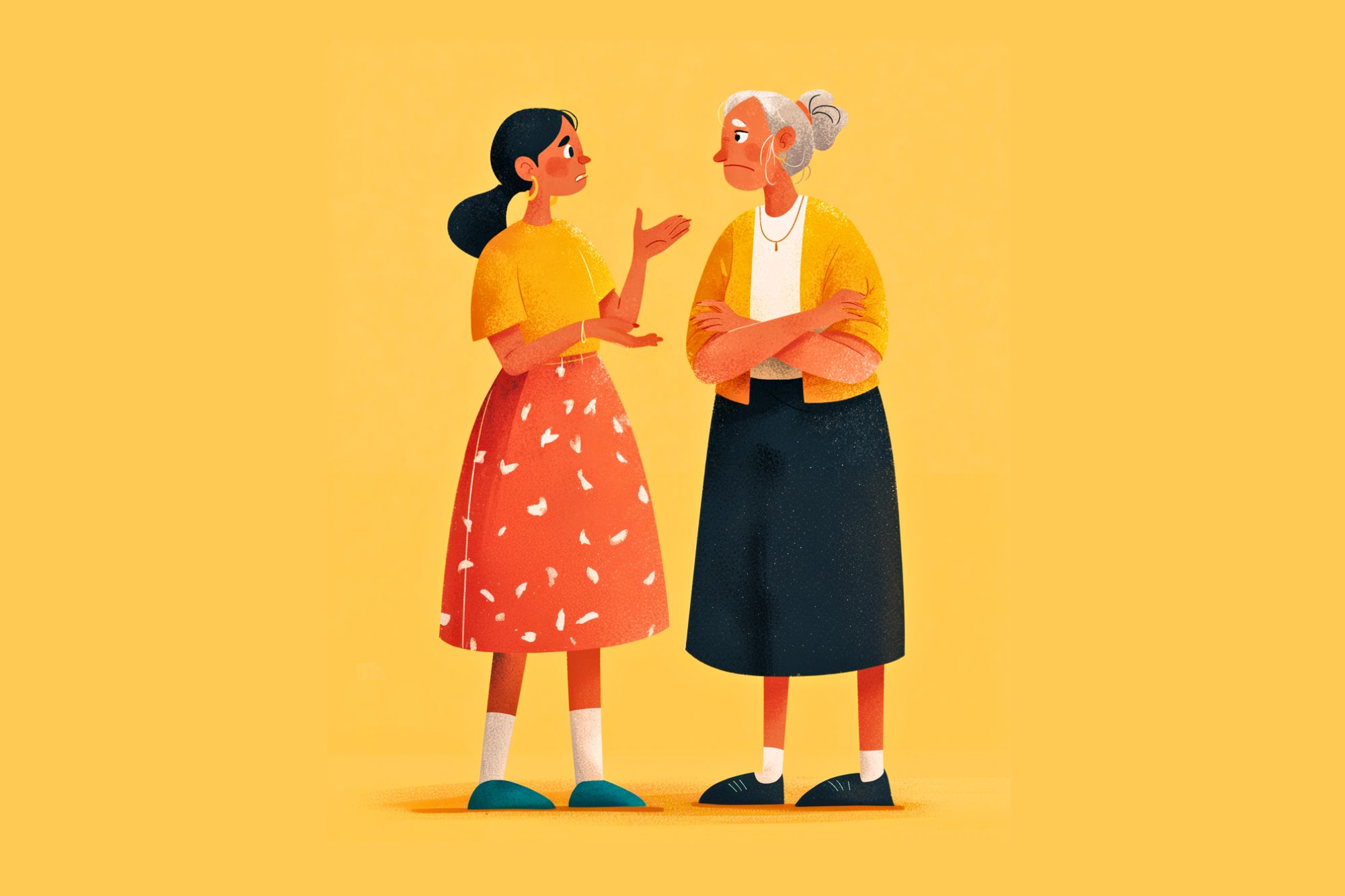 Illustration of a young woman talking and gesturing toward an older woman with gray hair and folded arms. Both are standing against a yellow background and wear skirts and cardigans, appearing to have a serious conversation.