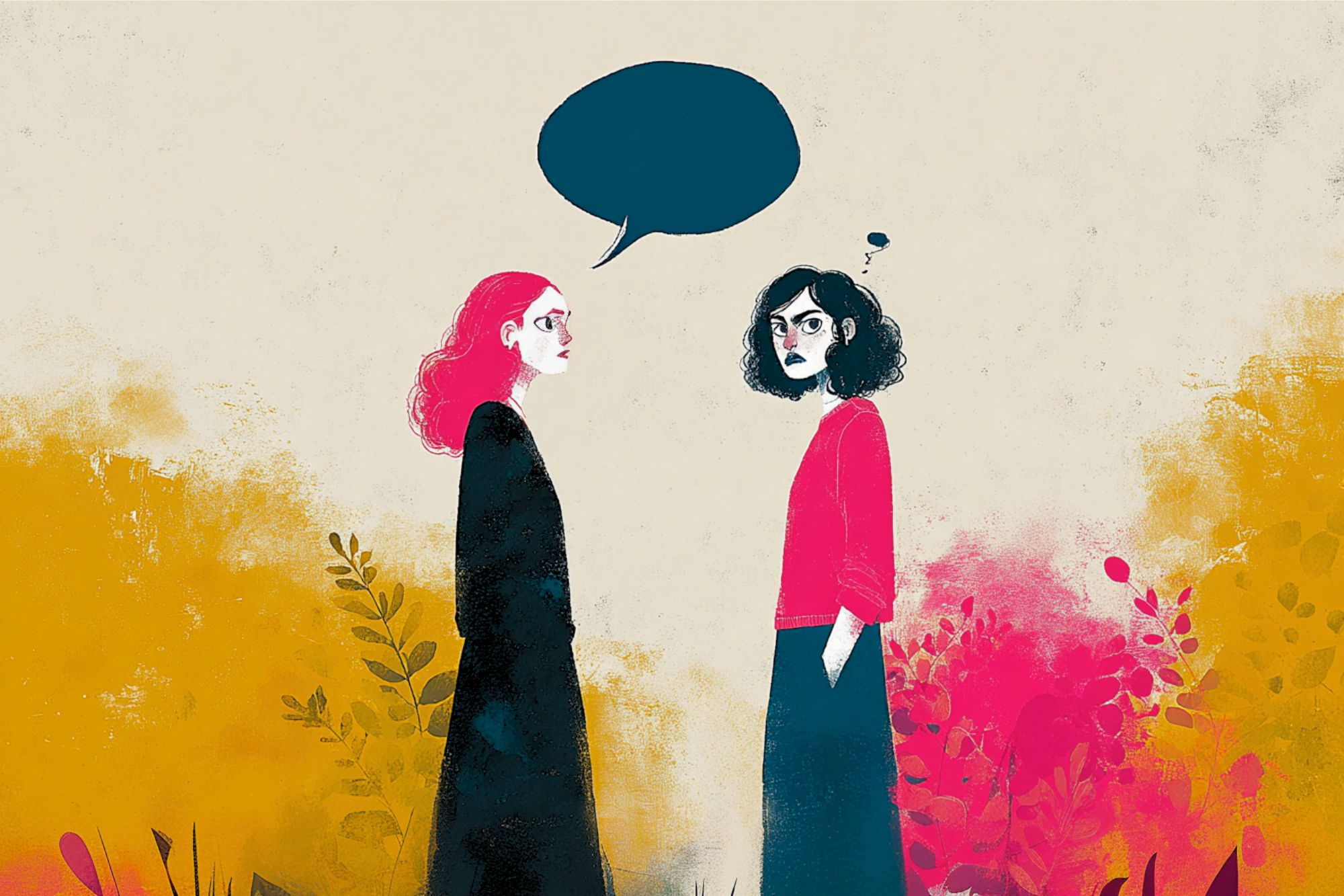 Two women stand facing each other in a colorful, abstract outdoor setting. One woman has a speech bubble above her head, while the other has a thought bubble, suggesting a conversation or inner thoughts.