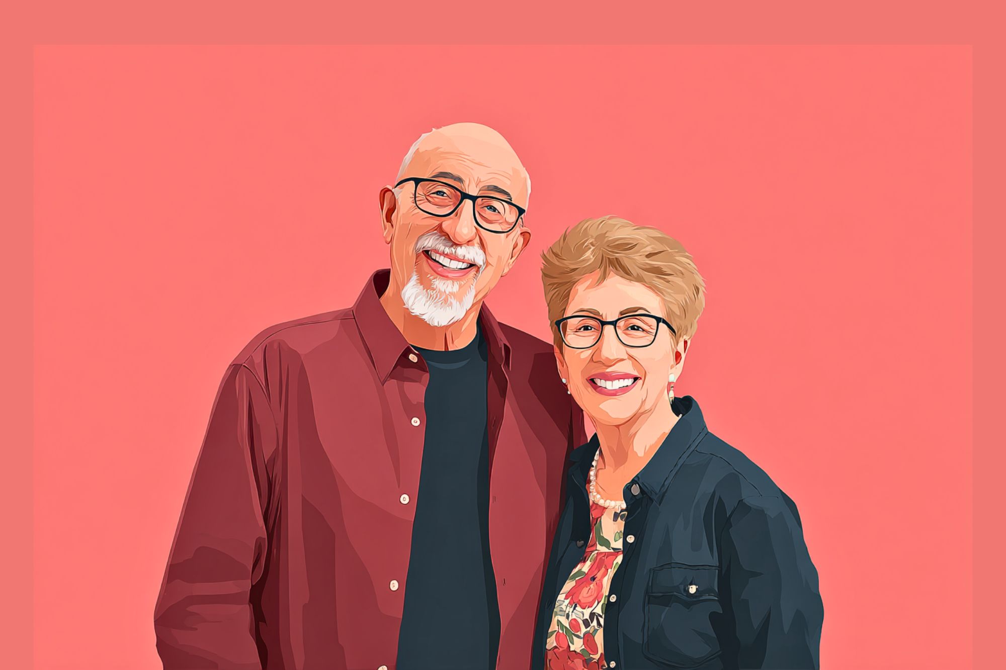 Digital illustration of an older man and woman standing close together, both smiling and wearing glasses, in front of a pink background. The man has a white beard and wears a red shirt; the woman has short hair and a floral blouse.