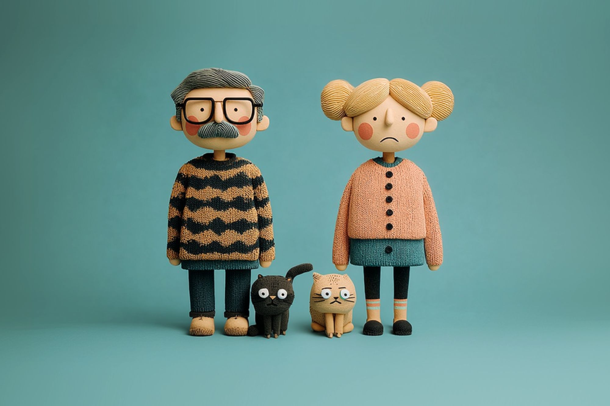 Two stylized clay figures, an older man with glasses and a mustache, and a girl with blonde pigtails, stand side by side with a black cat and a tan cat against a teal background. The girl looks sad; the man appears neutral.
