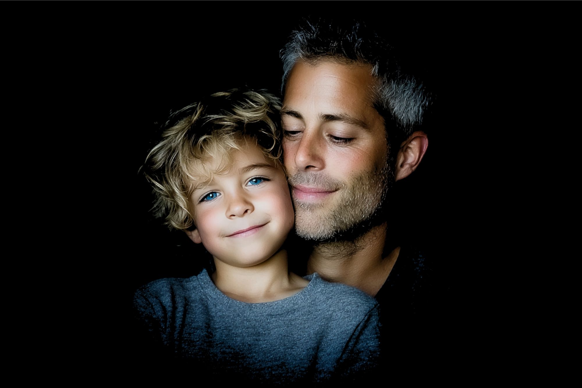 A man with gray hair smiles gently, holding a young child with curly blonde hair and blue eyes. Both are facing forward against a dark background, illuminated by soft light.