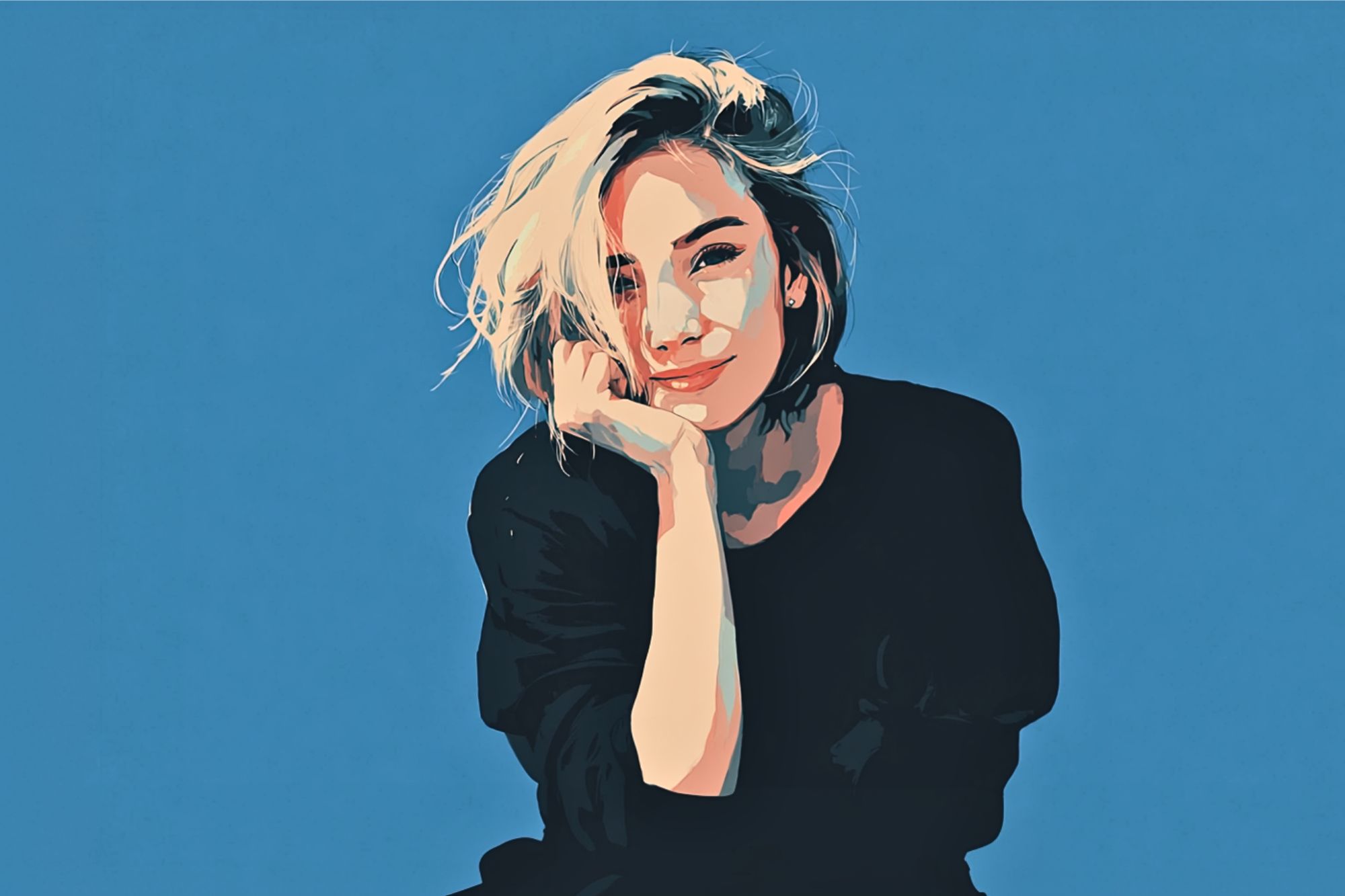 A digital illustration of a person with short, light-colored hair wearing a dark top, smiling softly with their head resting on one hand, set against a solid blue background.