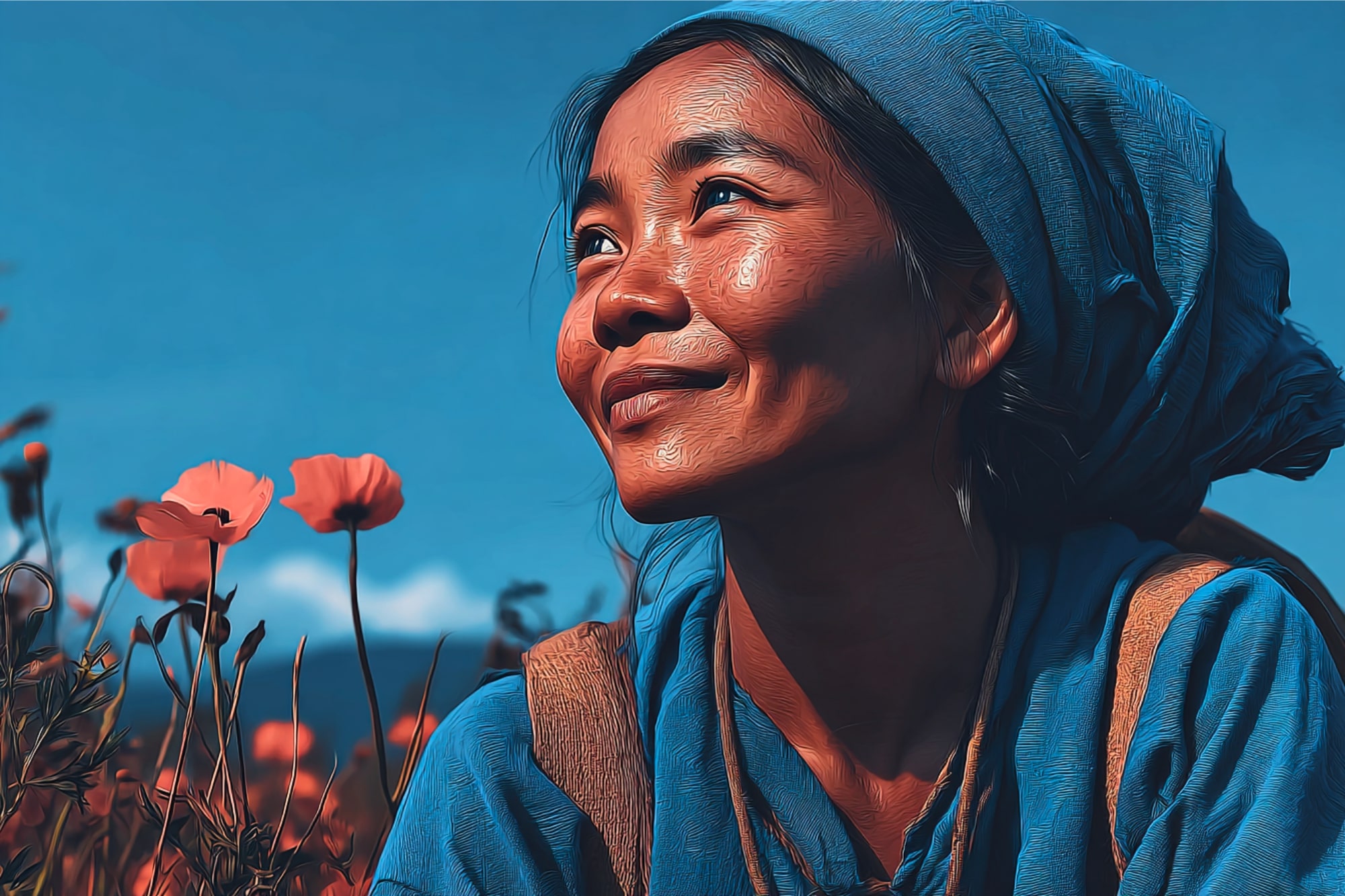 A woman in a blue headscarf and shirt smiles while sitting in a field of orange poppies, with sunlight illuminating her face against a clear blue sky.