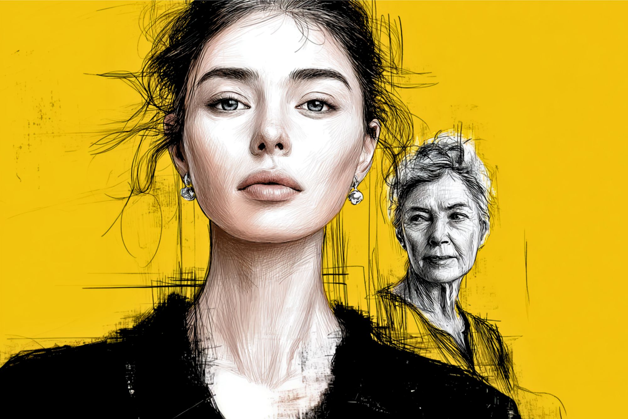 A digital illustration of a young woman with dark hair and earrings in the foreground, and an older woman with short gray hair in the background, both set against a bright yellow backdrop.