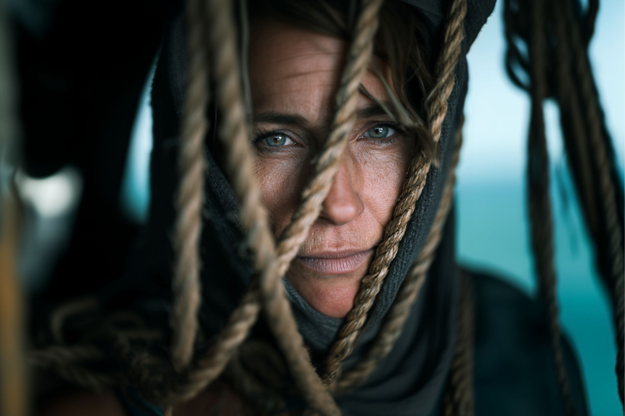 A person with blue eyes and light brown hair peers through thick, weathered ropes. Their face is framed by the ropes and a hood, with soft natural light highlighting their freckles and focused expression.