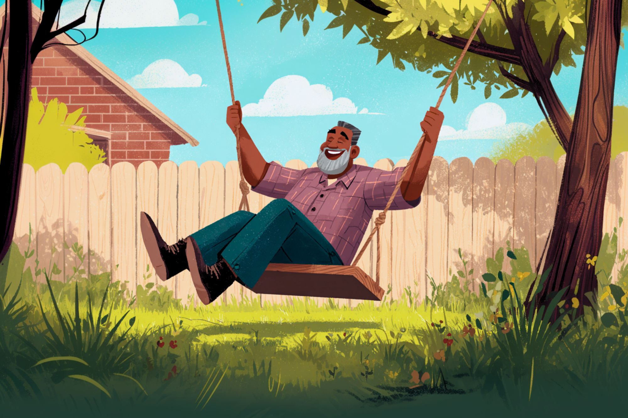 A smiling man with a beard enjoys sitting on a wooden swing in a sunny backyard, surrounded by green grass, trees, and a wooden fence.