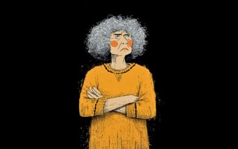 Illustration of an older woman with curly gray hair and rosy cheeks, wearing a long-sleeved orange sweater, arms crossed, and an annoyed or displeased expression on her face against a black background.
