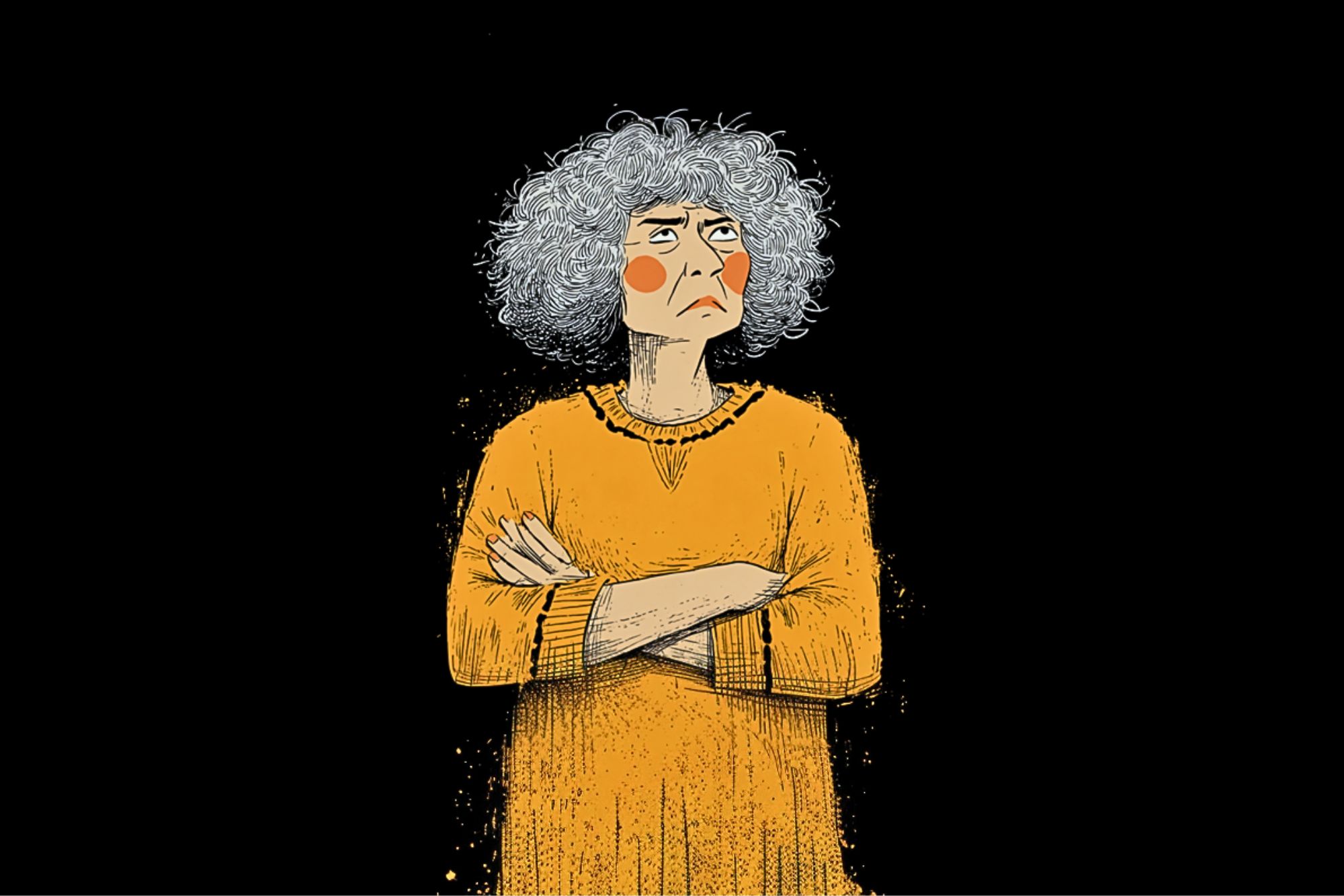 Illustration of an older woman with curly gray hair and rosy cheeks, wearing a long-sleeved orange sweater, arms crossed, and an annoyed or displeased expression on her face against a black background.