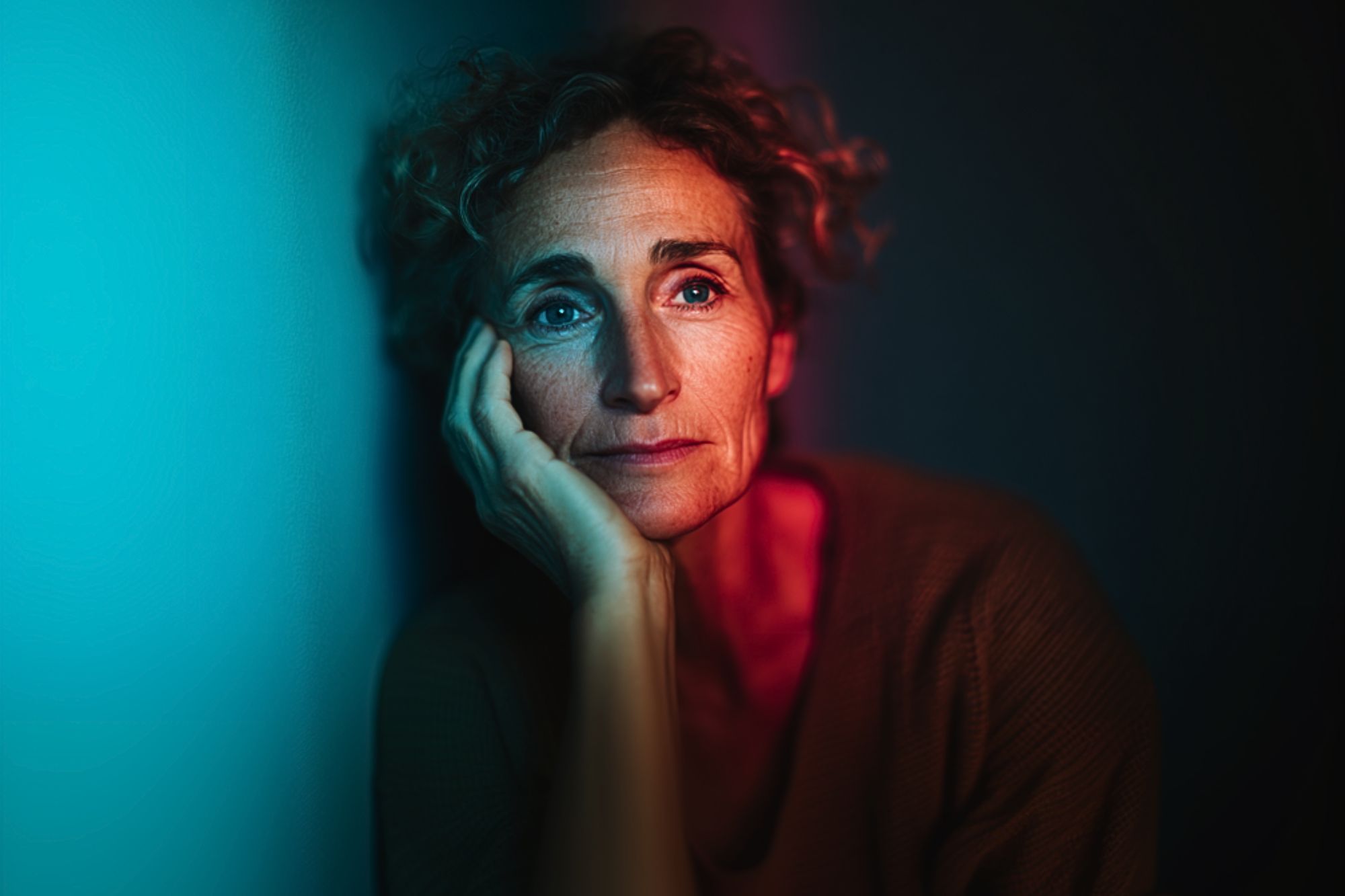 A woman with curly hair rests her face on her hand, gazing thoughtfully into the distance, illuminated by contrasting blue and red light in a dark setting.
