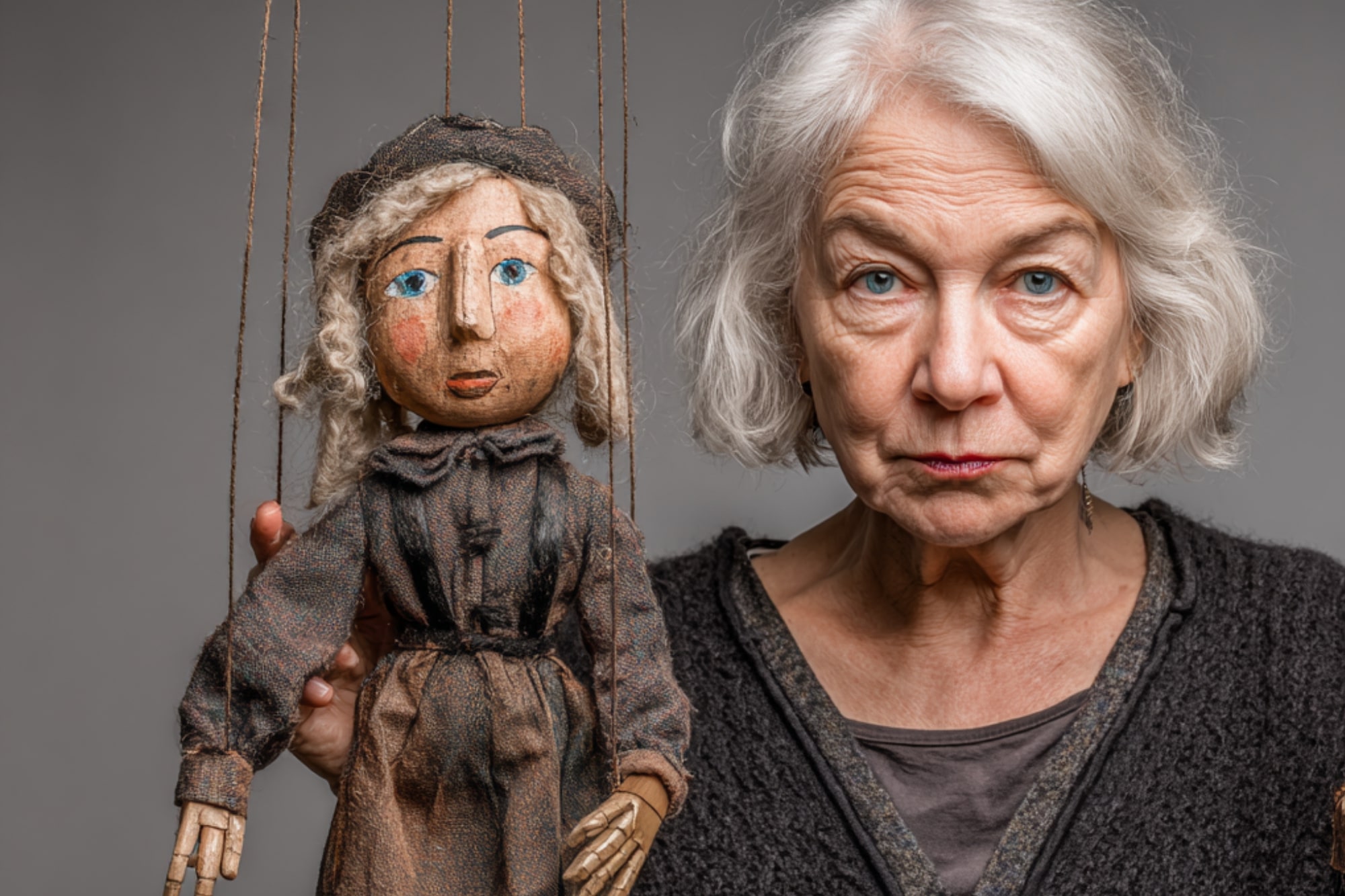 An older woman with gray hair stands next to a marionette puppet that resembles her, both wearing serious expressions. The puppet is dressed in old-fashioned clothes and has blue eyes and curly hair.