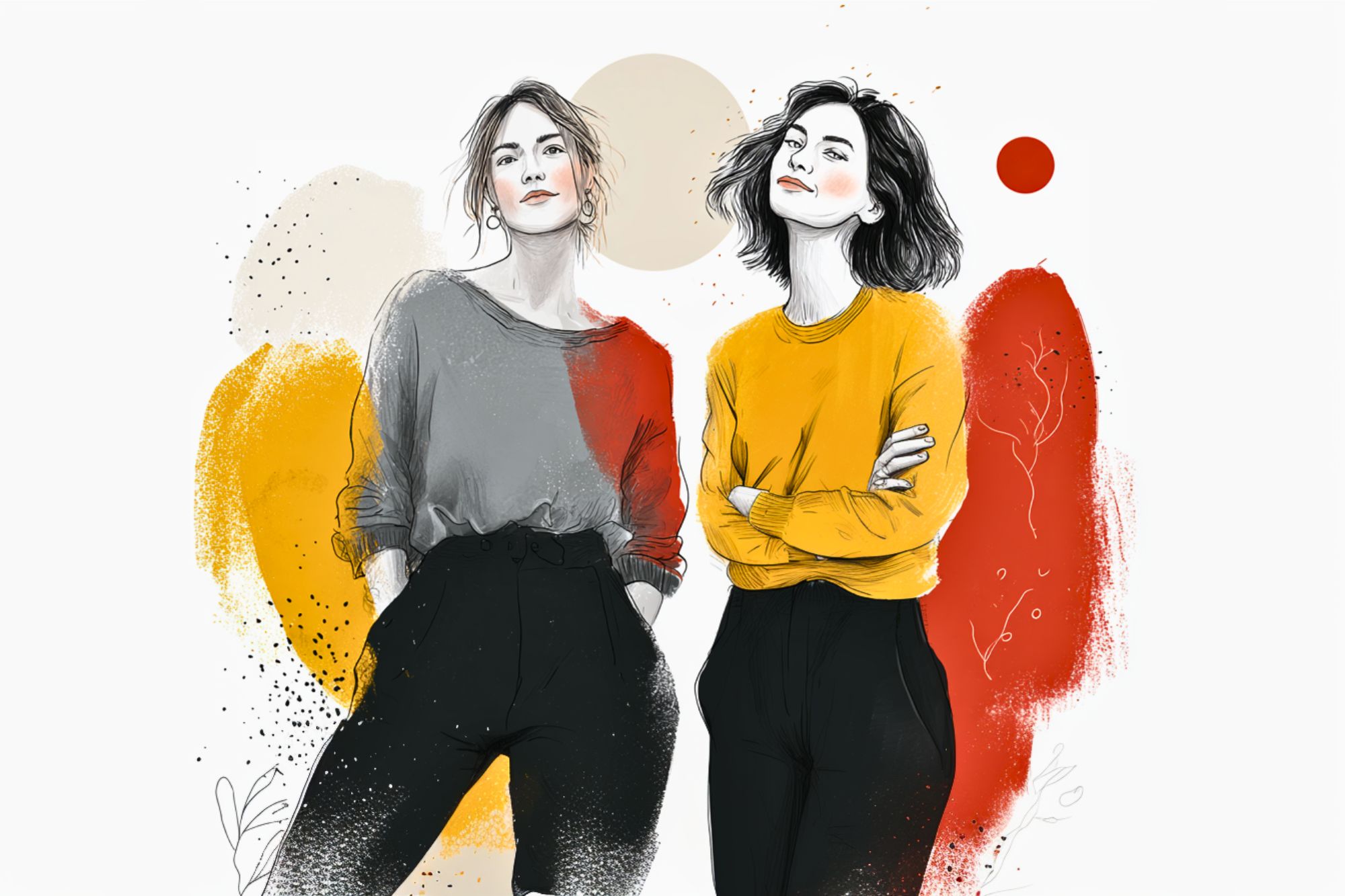 Two women stand confidently side by side, wearing casual outfits with abstract red and yellow shapes in the background, created in a modern, artistic illustration style.