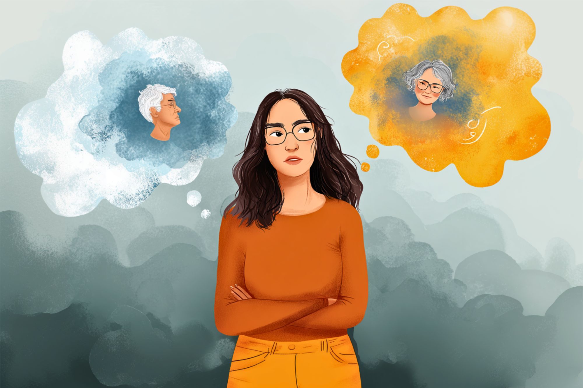 A woman with long dark hair and glasses stands with arms crossed, looking thoughtful. She has two thought bubbles showing an older man in blue and an older woman in orange.