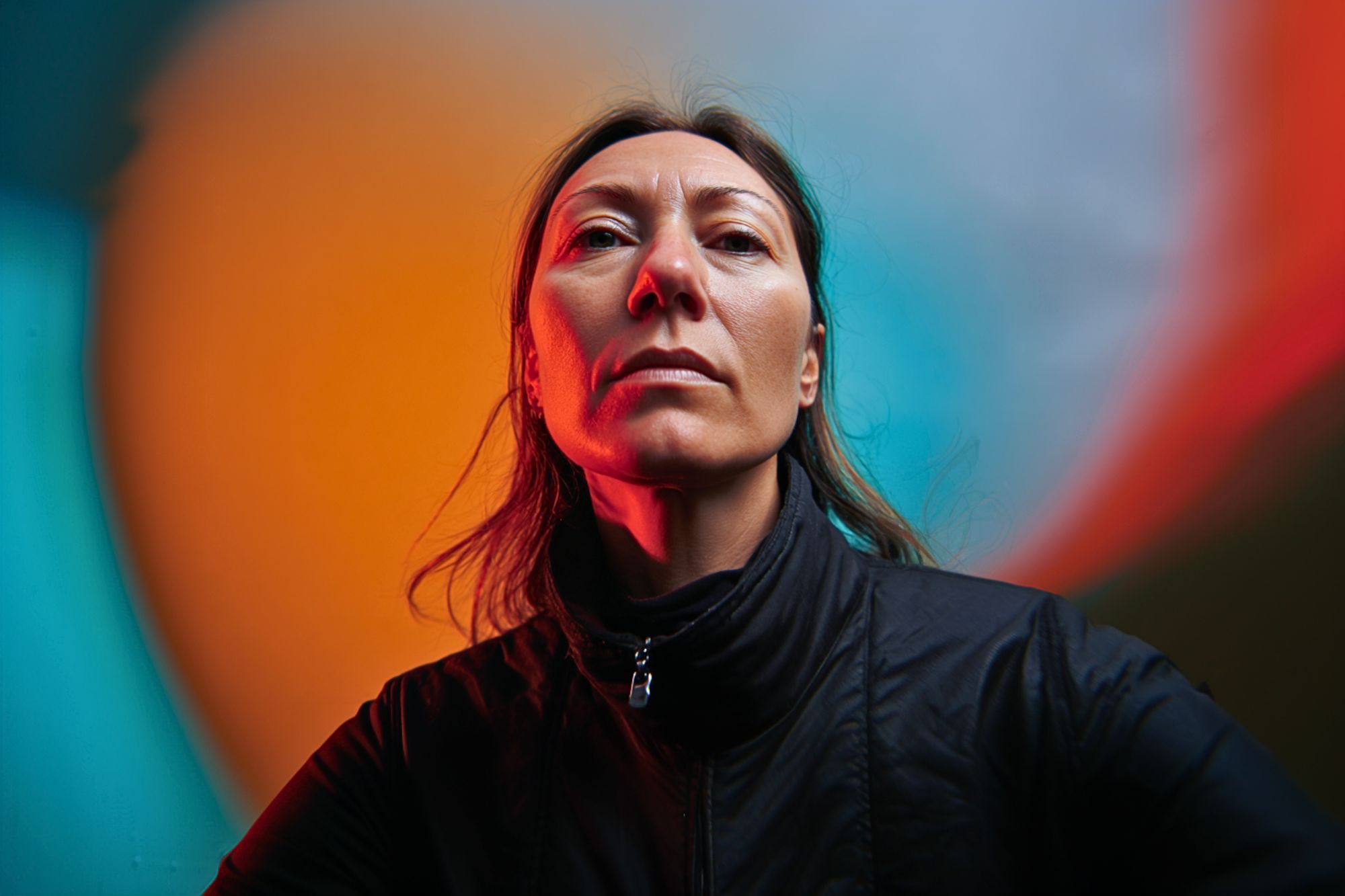 A woman in a dark jacket looks confidently at the camera, lit by dramatic orange and blue lighting with a vibrant, abstract background.