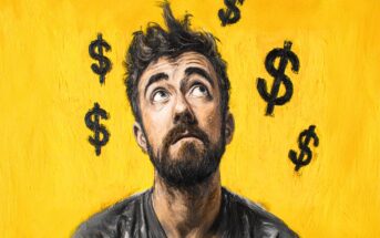 A painted image of a bearded man looking upward with a thoughtful expression. Dollar signs surround his head against a bright yellow background, suggesting he is thinking about money.