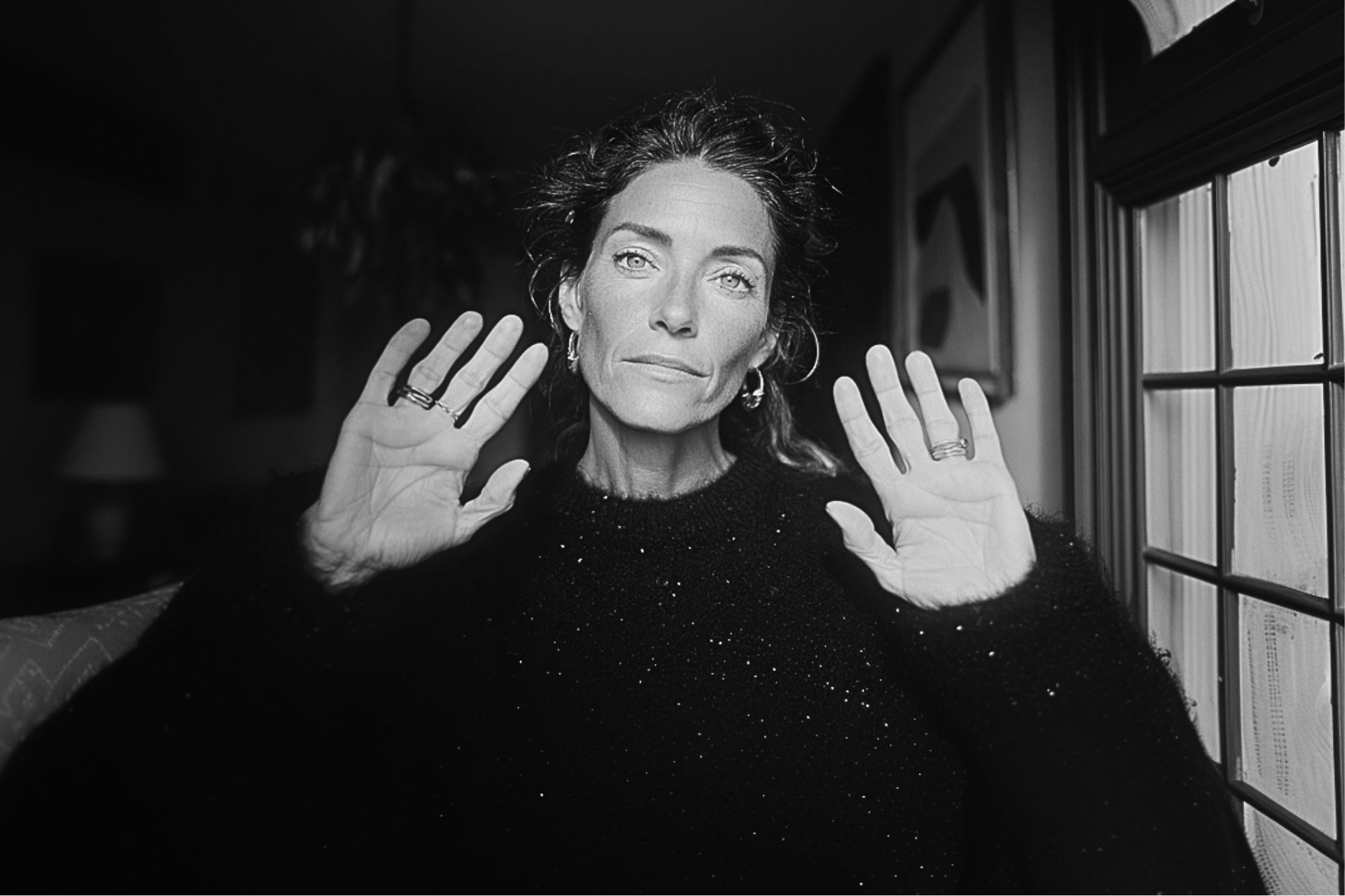 A woman with wavy hair and light-colored eyes sits indoors, facing the camera with both hands raised and palms open. She wears a dark, textured sweater and hoop earrings. Soft light comes through a window on the right.