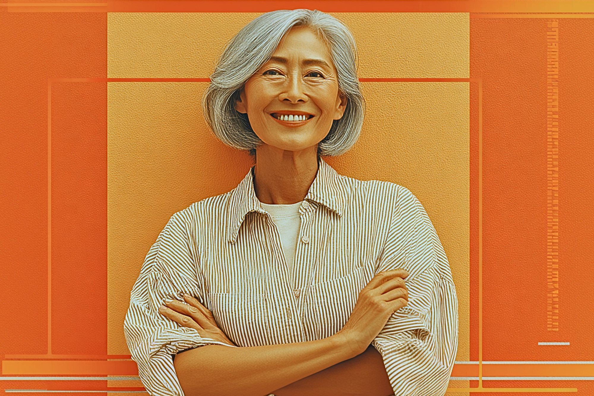 A smiling older woman with gray hair and a striped shirt stands with her arms crossed in front of an orange and yellow geometric background.