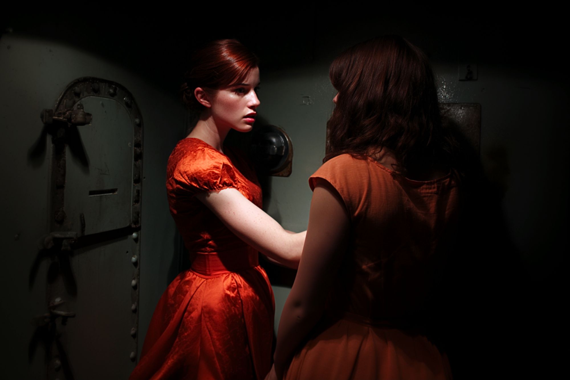 Two women in orange dresses stand closely in a dimly lit room. One faces forward with a serious expression, illuminated by a beam of light, while the other faces away, partially in shadow. An old metal door is in the background.