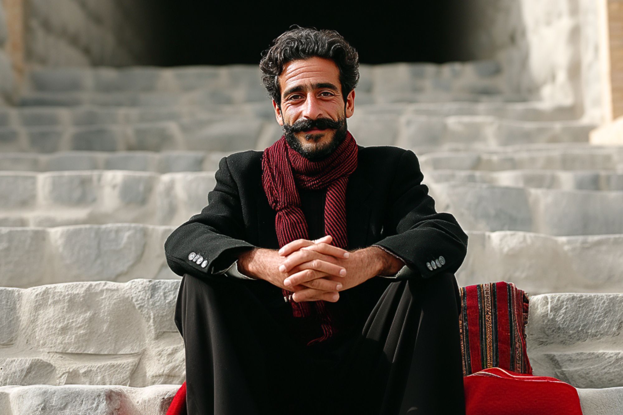 A man with dark hair and a mustache sits on stone steps, smiling. He wears a black coat, a dark red scarf, and has his hands clasped in front of him. A red patterned textile lies beside him on the steps.