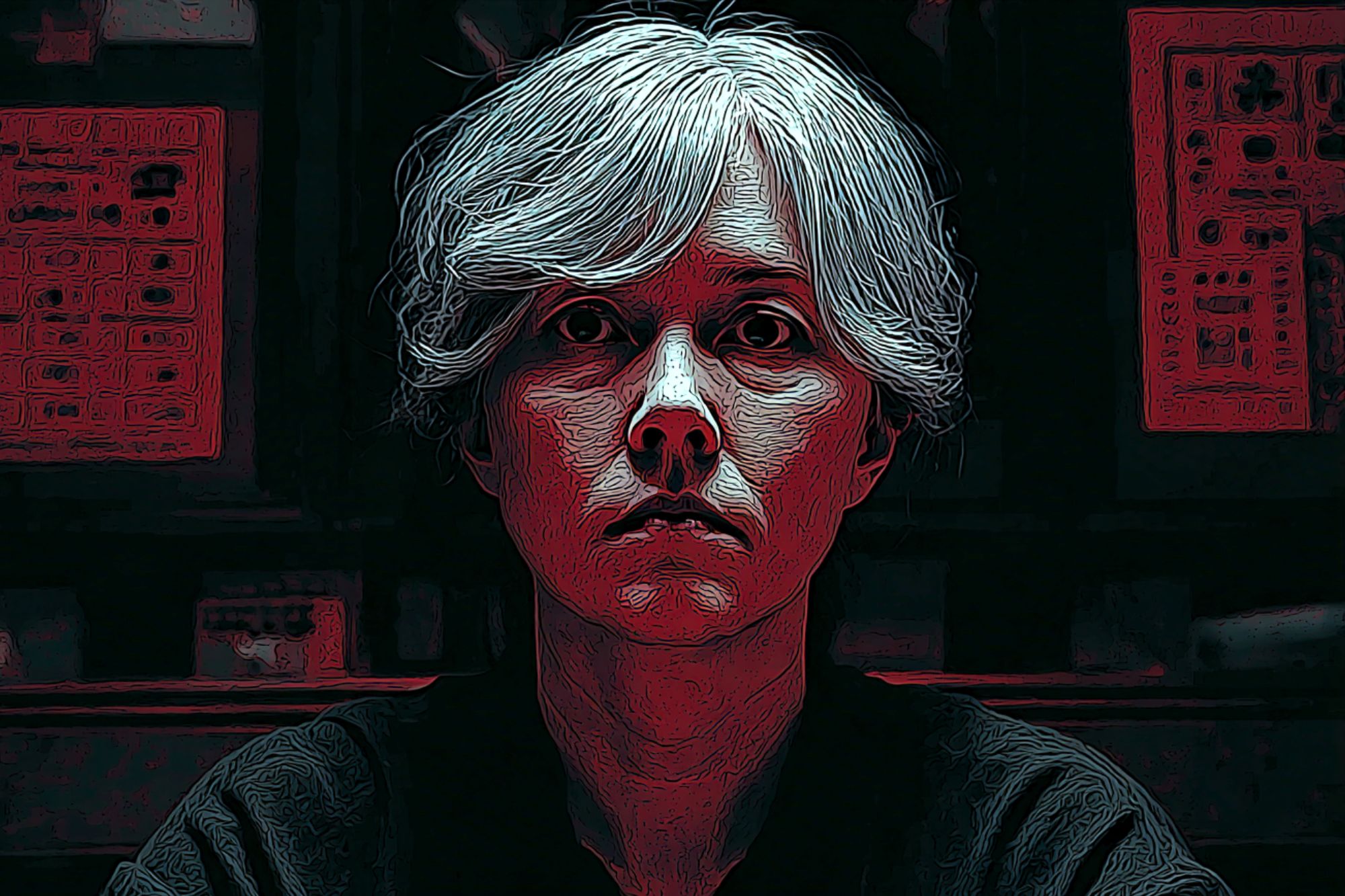 A person with short, white hair sits facing forward in a dim, red-lit room. Their expression is serious, with sharp shadows and a stylized, painterly effect creating a dramatic and intense mood.