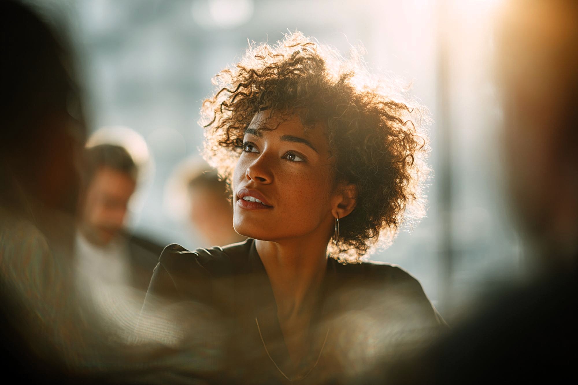 A young woman with curly hair and hoop earrings sits in soft sunlight, looking thoughtful and slightly upward. The background is blurred with other people faintly visible.
