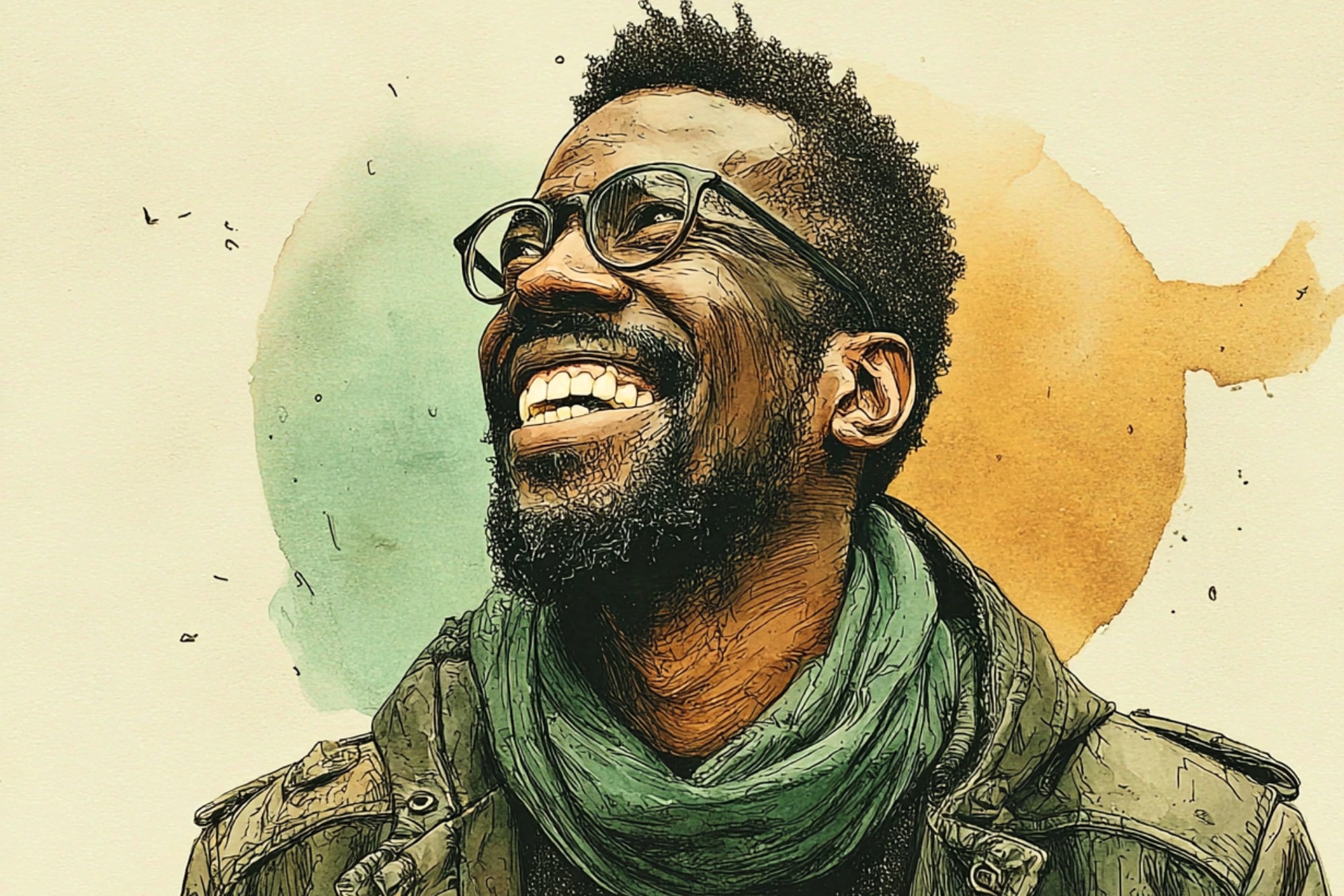A smiling man with glasses and a beard looks upward. He wears a green scarf and jacket. The background features abstract watercolor shapes in light blue and orange tones.