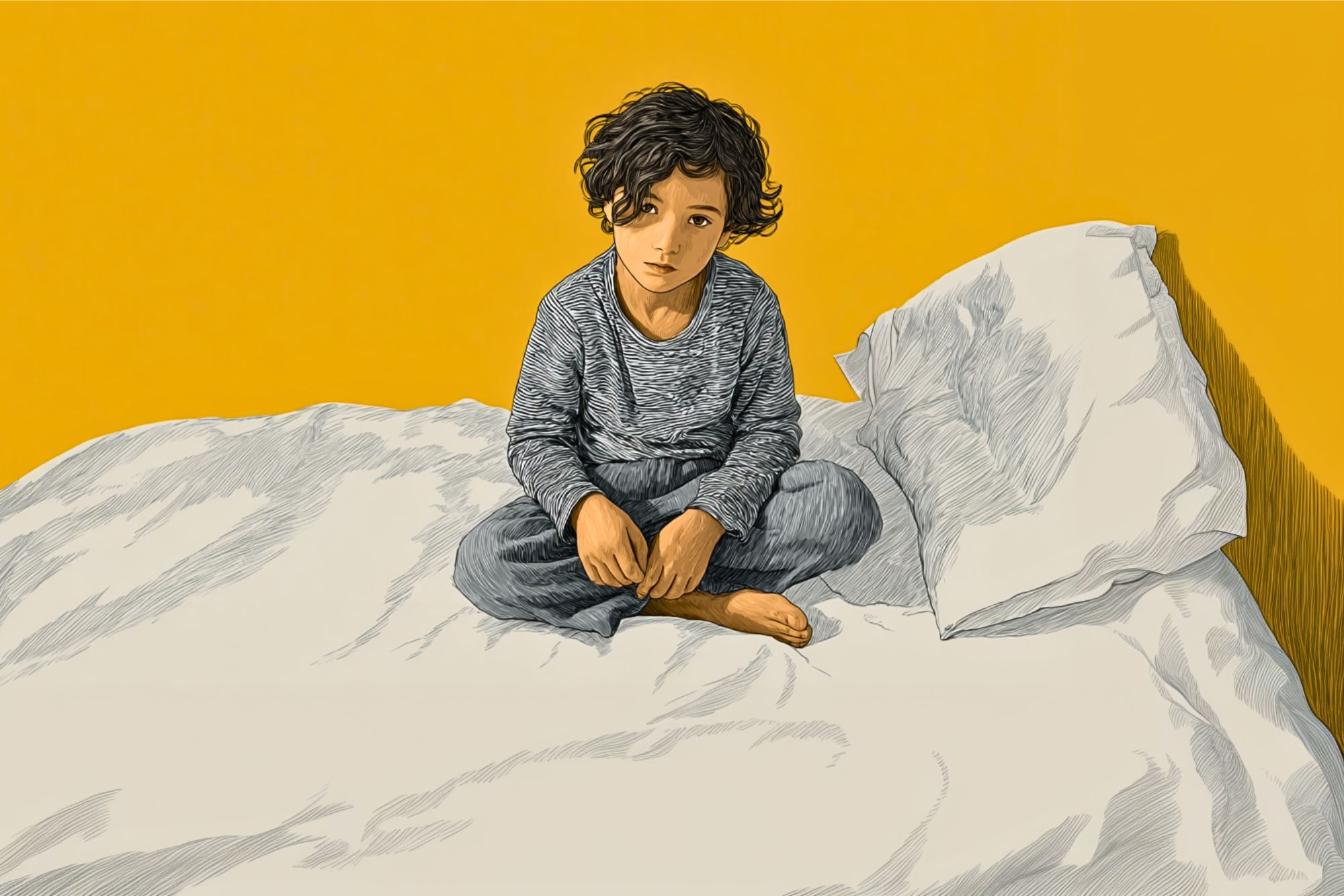 A young child with curly hair sits cross-legged on a white bed, looking up with a thoughtful expression. The bedding is rumpled, and the background is a plain, solid yellow wall.