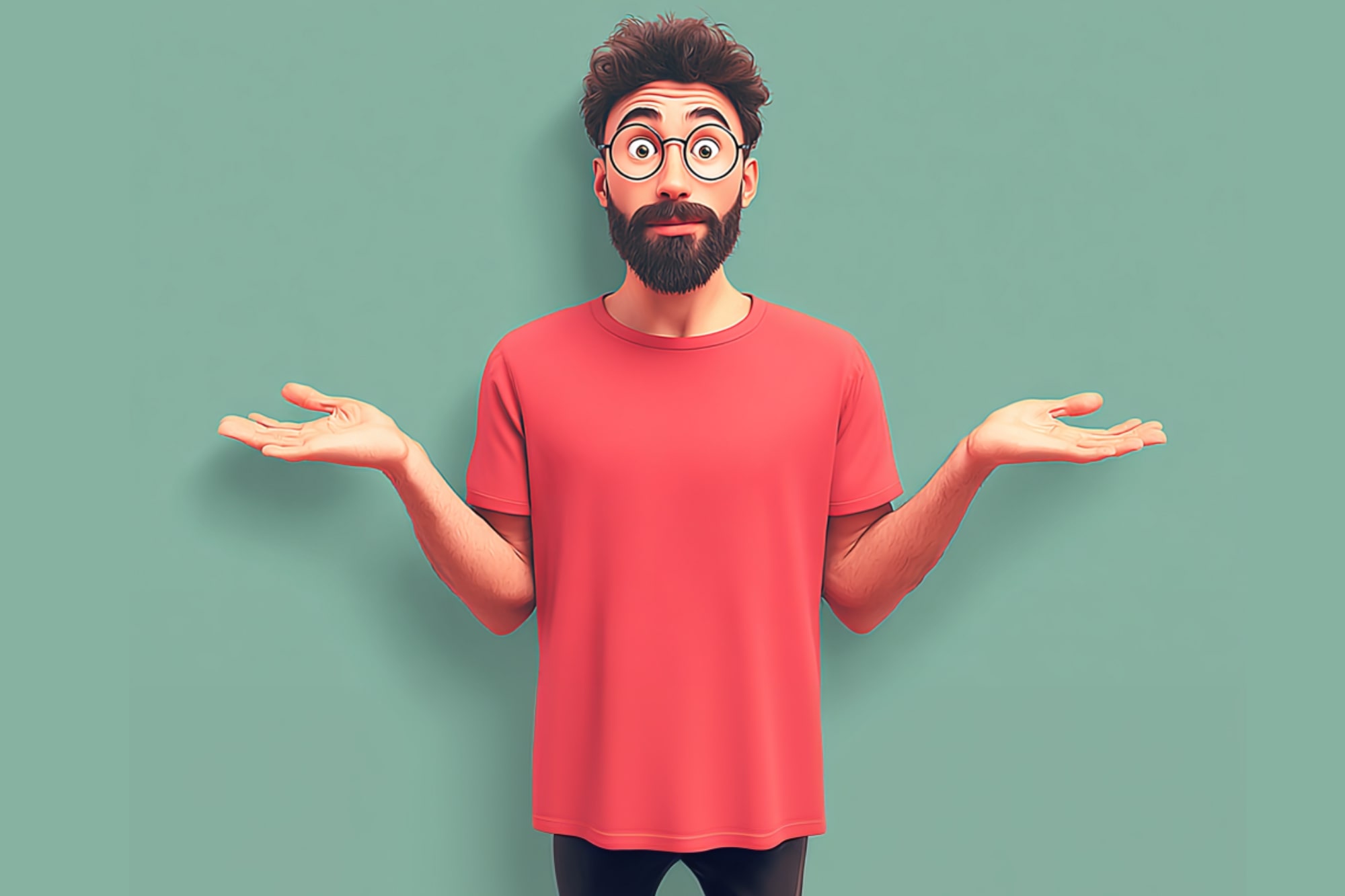 A bearded man with glasses, wearing a red t-shirt, stands against a plain green background, holding his hands out to the sides and shrugging with a confused or uncertain expression.