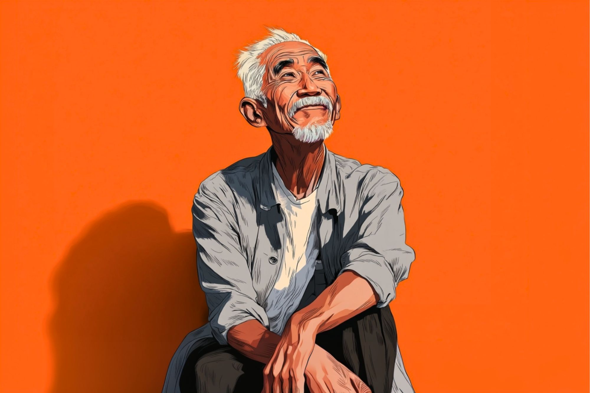 A smiling older man with white hair and a beard sits cross-legged, looking upward. He wears a light shirt over a t-shirt. The background is a bright orange.