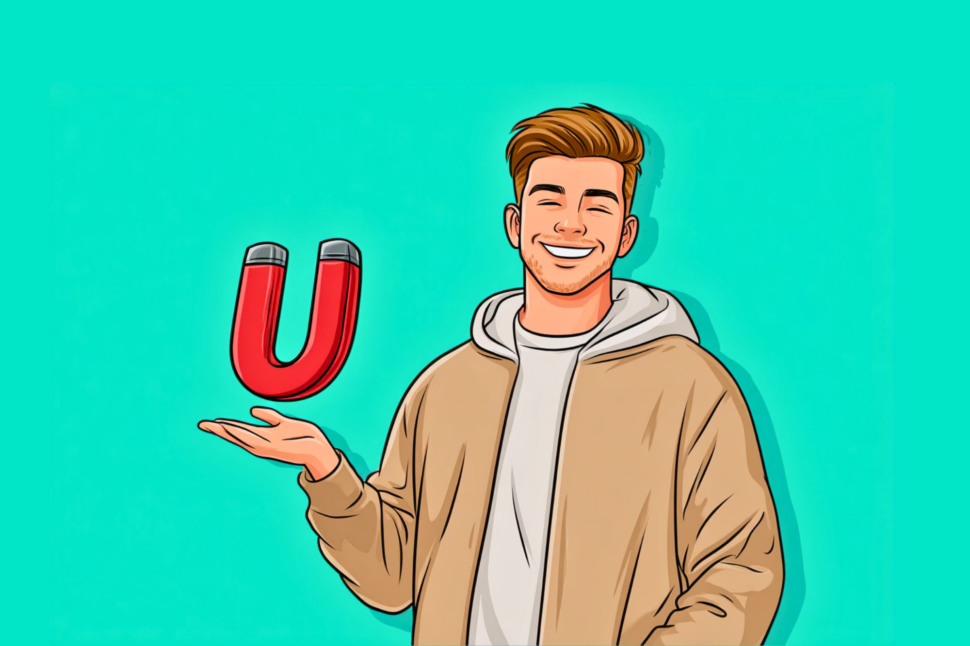 A smiling man in a tan jacket and hoodie holds a red horseshoe magnet in his open hand against a bright turquoise background.