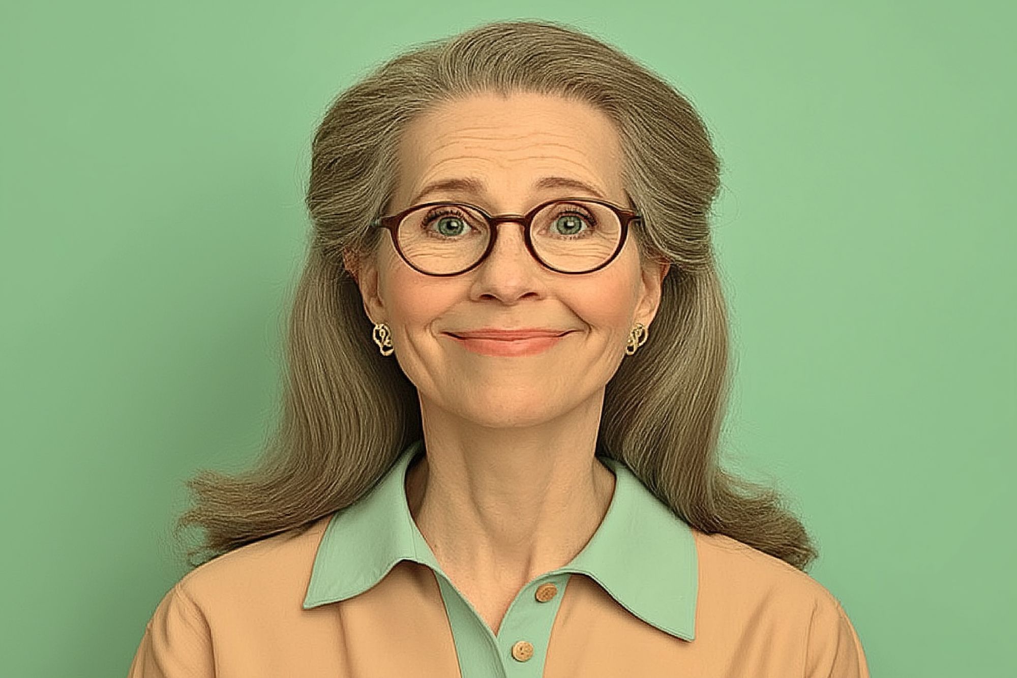 A smiling older woman with long gray hair, wearing round glasses, gold earrings, and a beige collared shirt with a mint green collar, stands in front of a solid mint green background.
