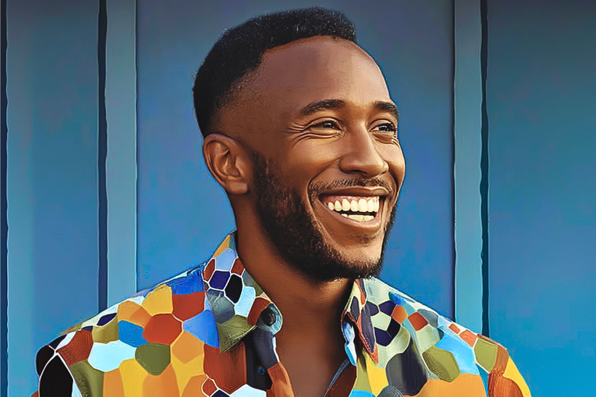 A smiling man with short hair and a beard stands in front of a blue wall, wearing a colorful, patterned shirt with hexagonal designs.