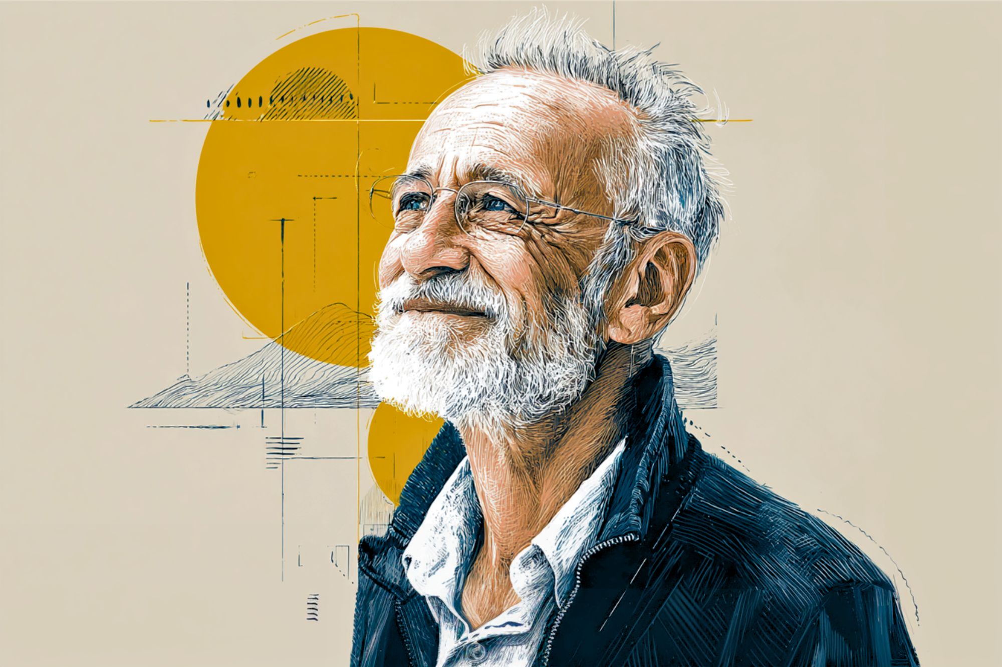 A smiling older man with a white beard and glasses looks upward. He wears a dark jacket over a light shirt. The background features abstract geometric shapes and a large yellow circle.