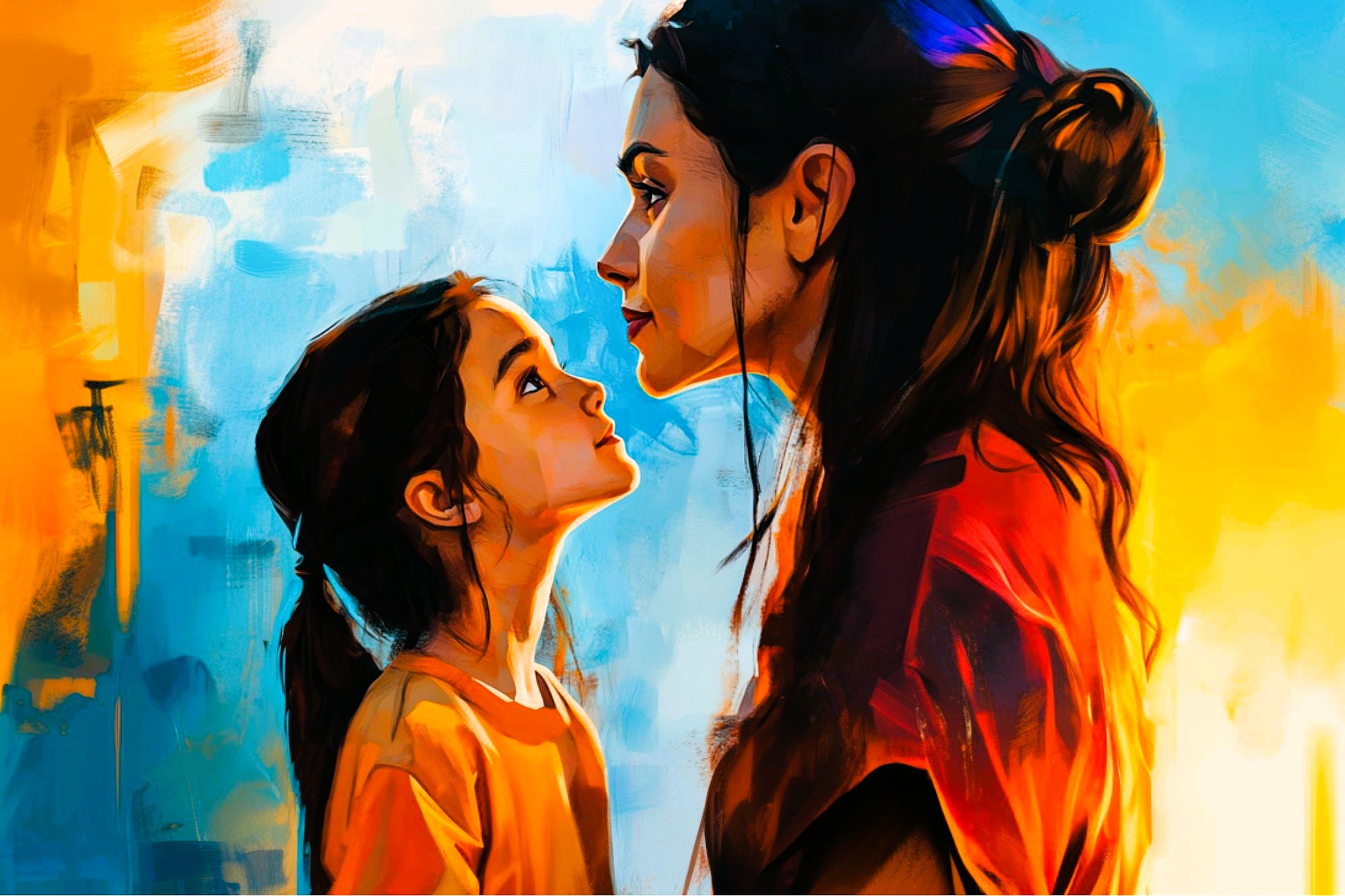 A digital painting of a woman and a young girl facing each other, gazing lovingly. The background blends vibrant blue, yellow, and orange tones, creating a warm and expressive atmosphere.