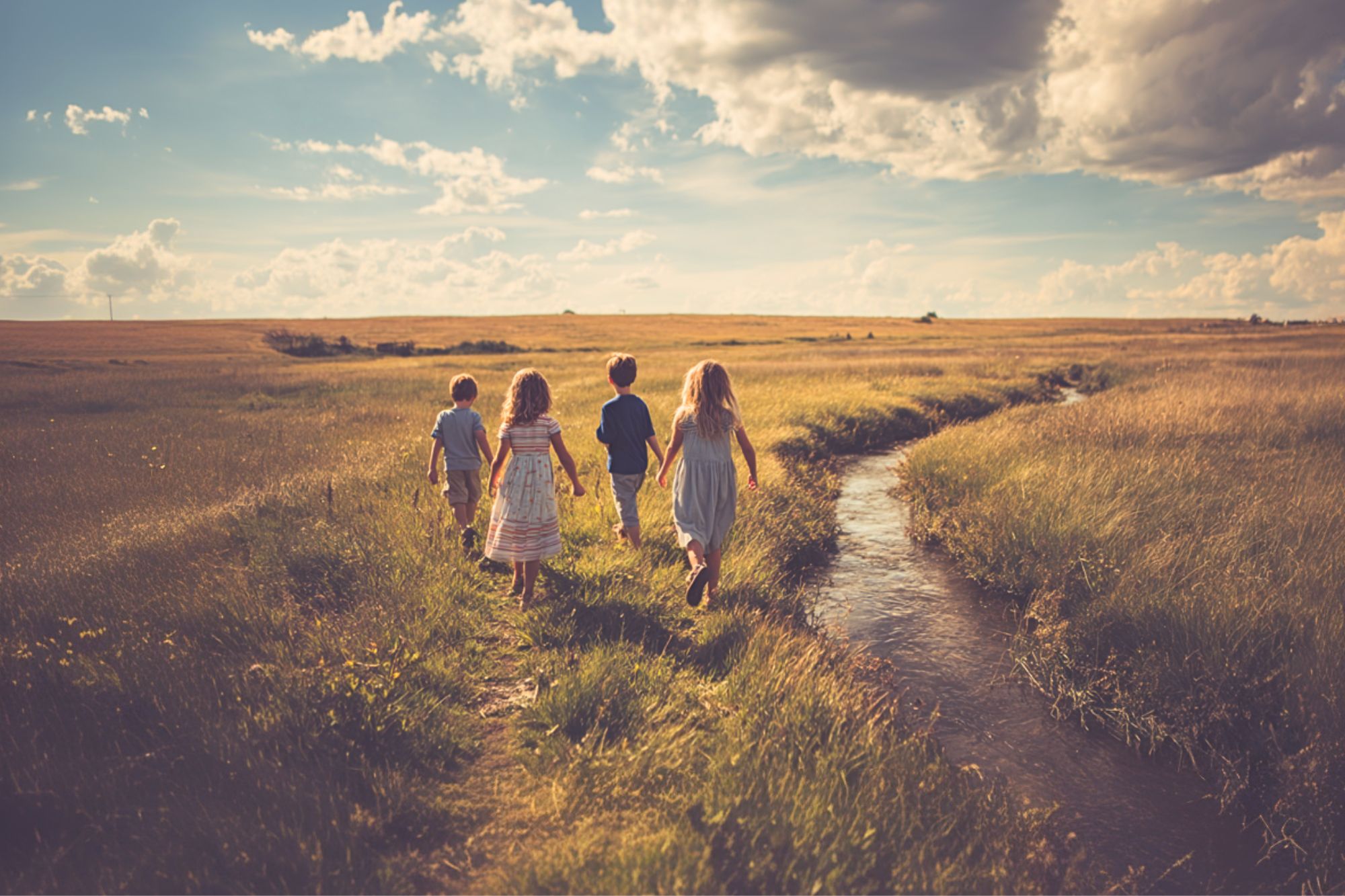 Four children walk along a grassy path beside a narrow stream in a sunlit field under a partly cloudy sky, creating a peaceful and nostalgic scene.