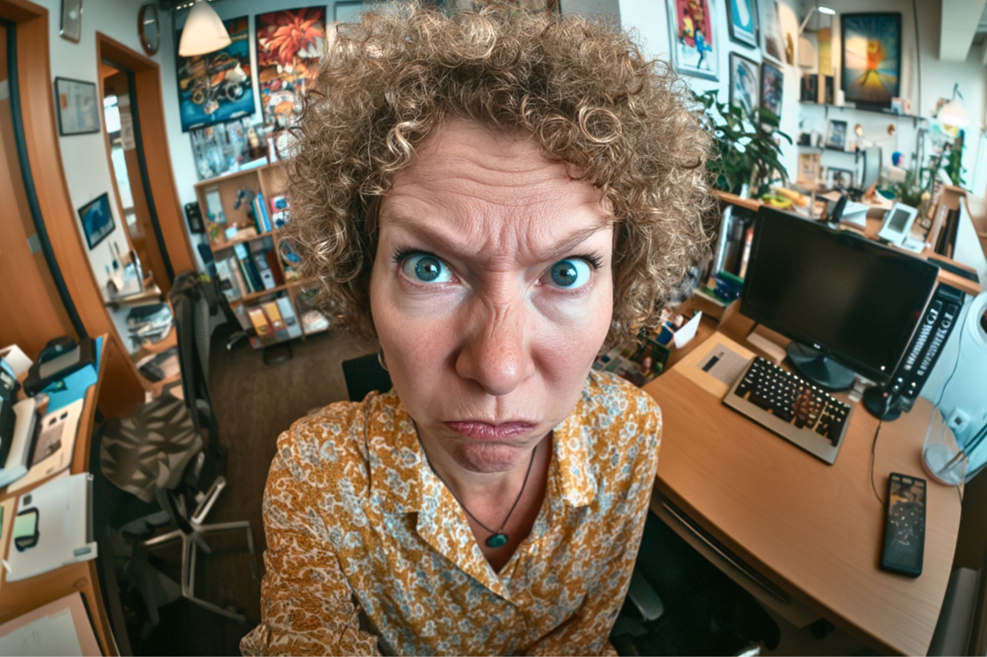 A woman with curly hair and a patterned shirt looks intensely into the camera with a furrowed brow, standing in a cluttered office filled with books, computers, and colorful art on the walls.