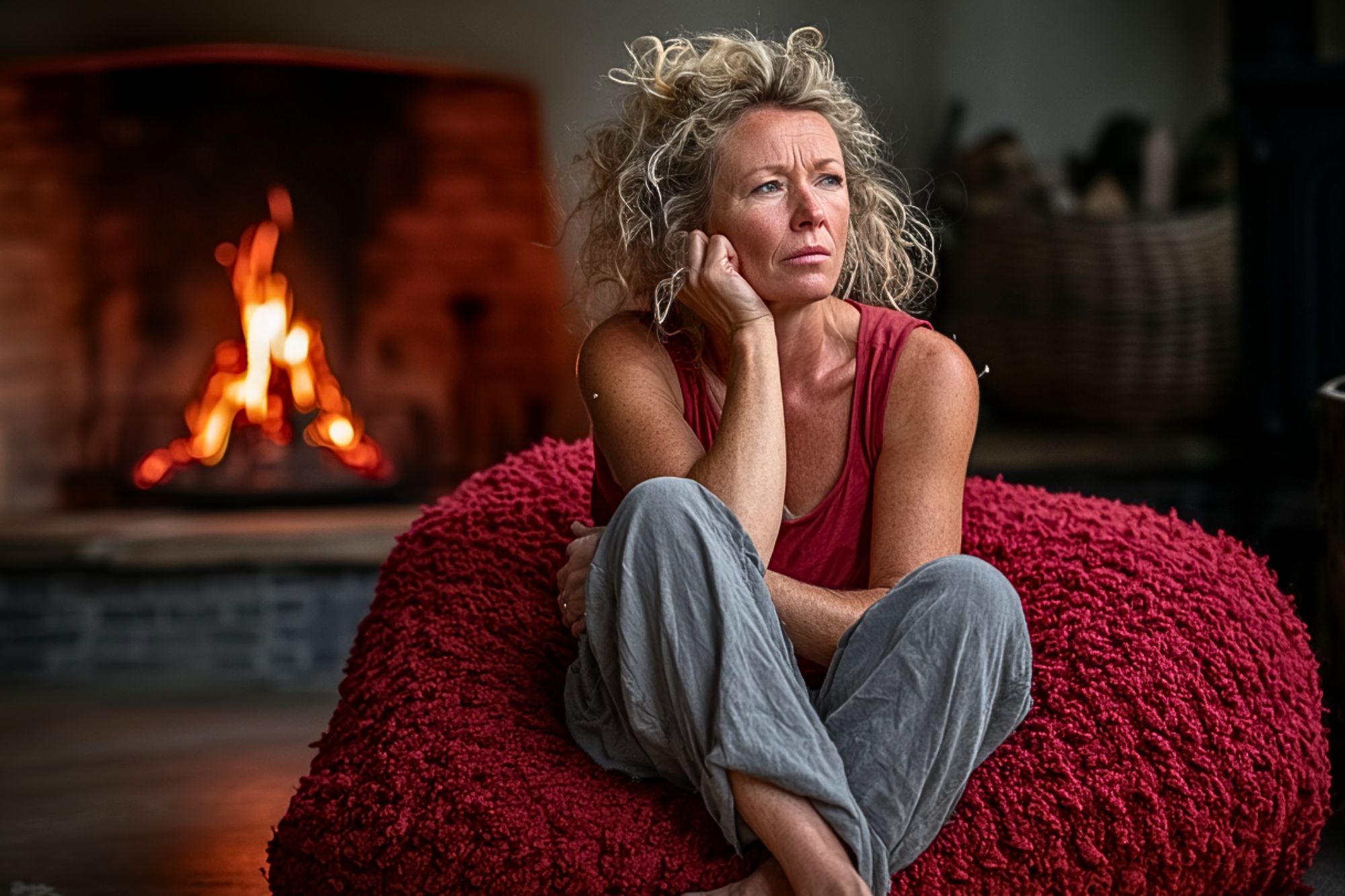 A woman with curly blonde hair sits pensively on a textured red bean bag near a lit fireplace, wearing a red tank top and gray pants. The cozy room has a warm, relaxed atmosphere.