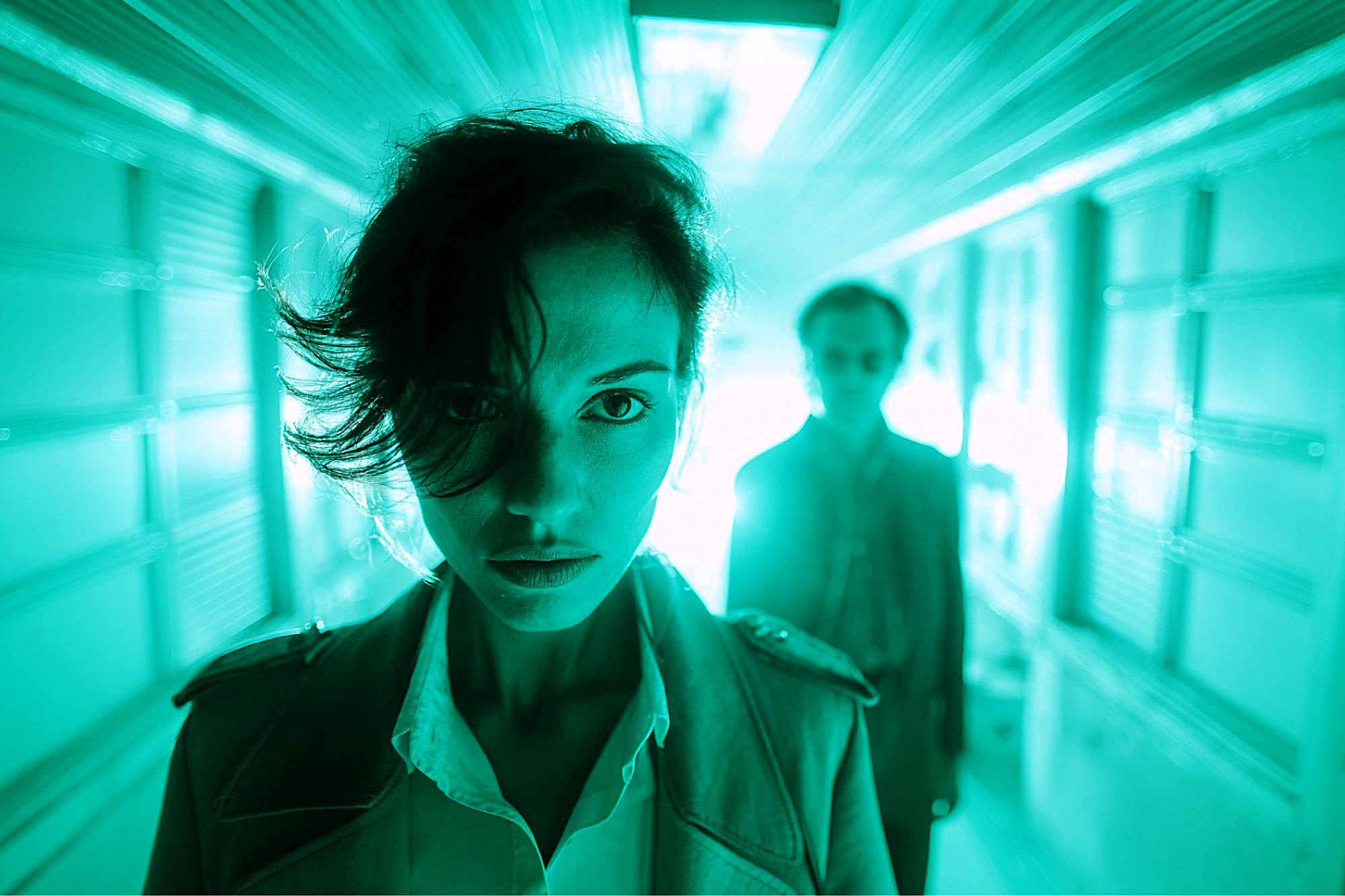 A woman with short dark hair stands in sharp focus under green lighting in a narrow hallway, looking directly at the camera; a blurred man stands behind her in the background.