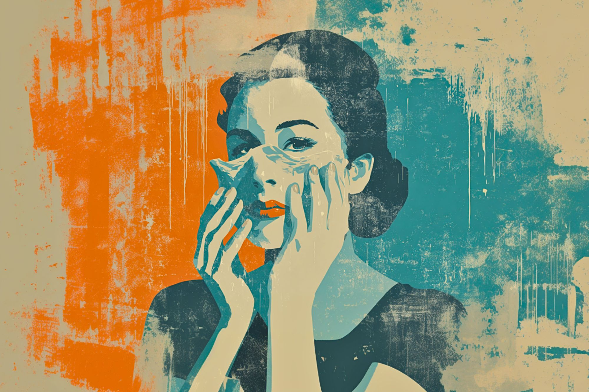 A stylized painting of a woman holding a paper mask to her face. The background is abstract, with bold splashes of orange and teal, and the woman appears contemplative, her features partially obscured by the mask.