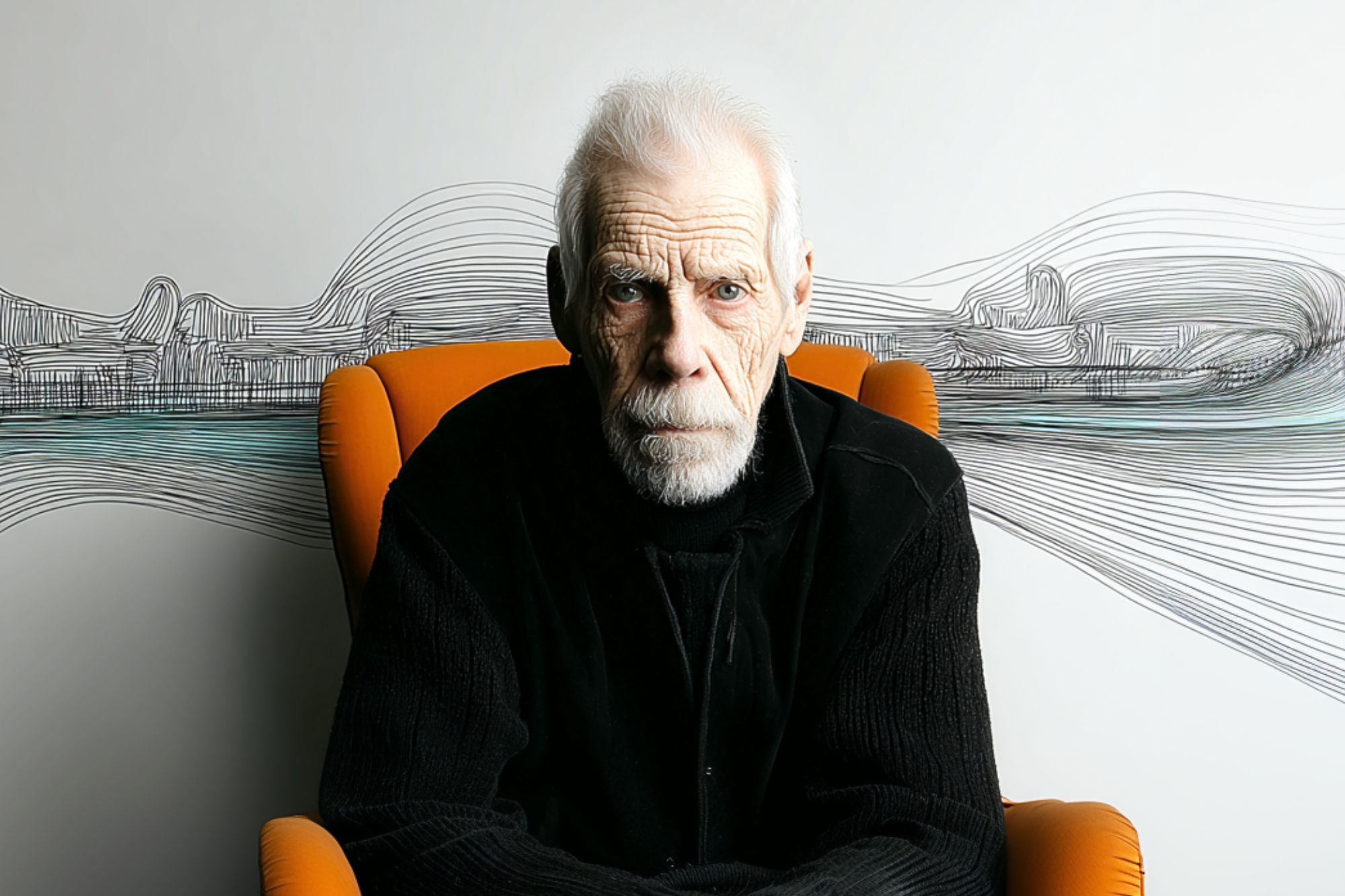 An elderly man with white hair and a beard sits in an orange chair, wearing a black jacket. Behind him, abstract black lines and wavy patterns are drawn on a white wall.