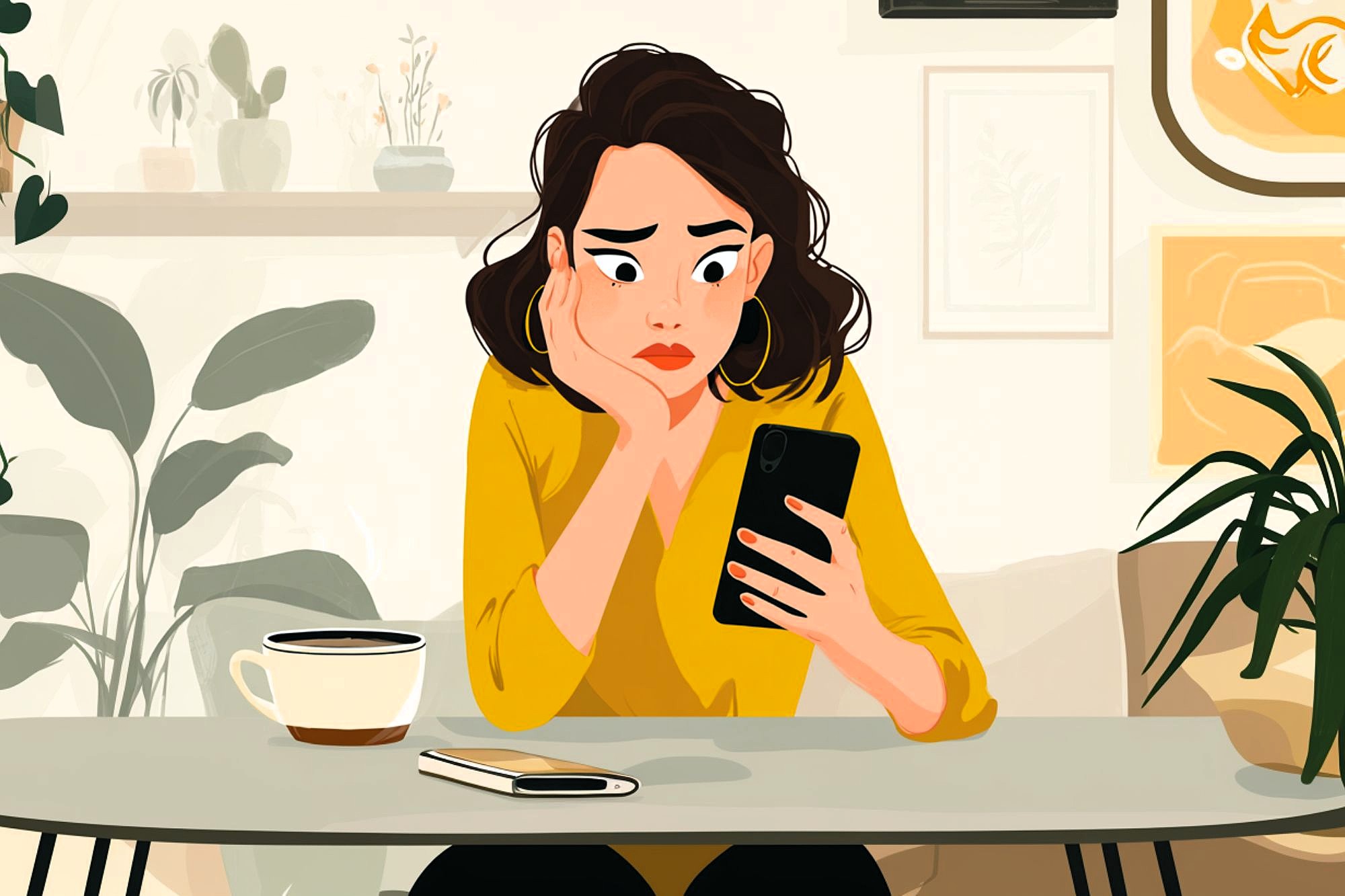 A worried woman with short brown hair and a yellow top sits at a table, staring at her phone. A notebook, pen, and coffee cup are on the table, with houseplants and framed art in the background.