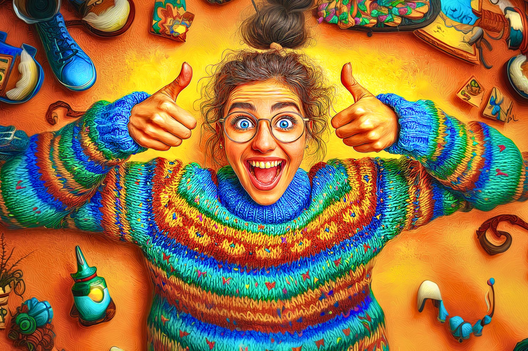 A cheerful woman with glasses and a colorful striped sweater smiles widely and gives two thumbs up, surrounded by various quirky objects on a vibrant yellow background.