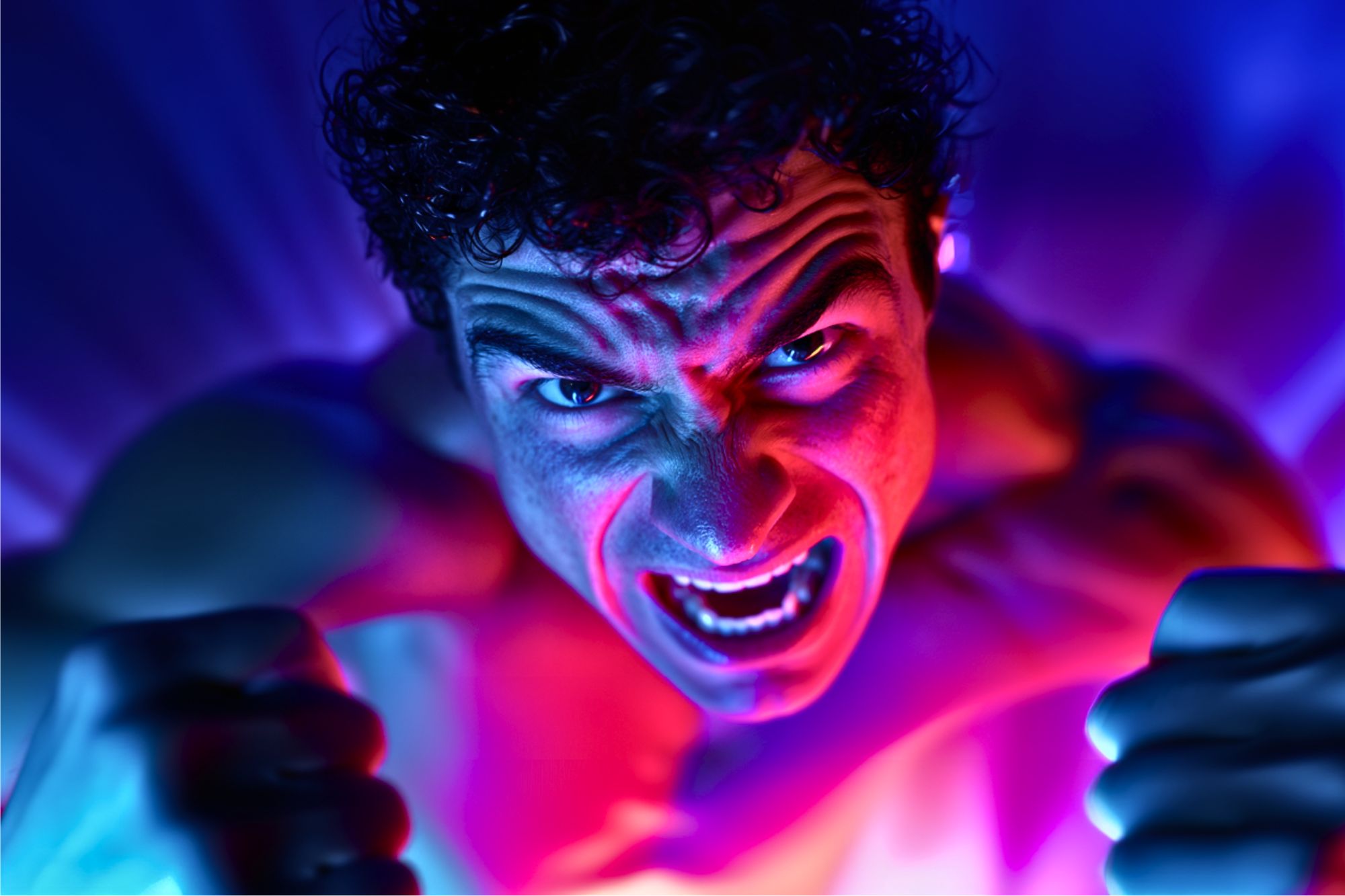 A man with curly hair screams intensely, clenching his fists. He is illuminated by dramatic blue and pink lighting, creating a sense of anger and energy. The background is blurred with vibrant, radiating colors.
