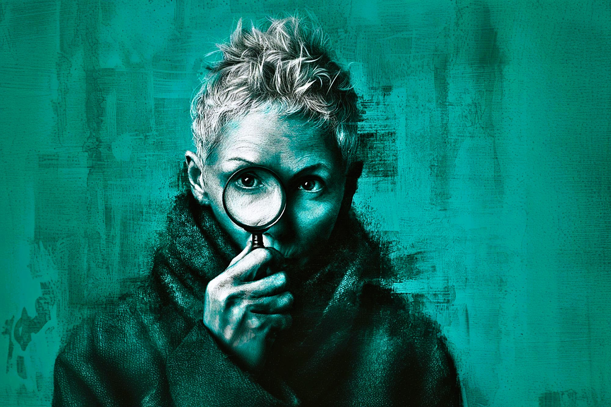 A person with short, spiky hair holds a magnifying glass in front of one eye, standing against a teal background with a textured, painted effect.