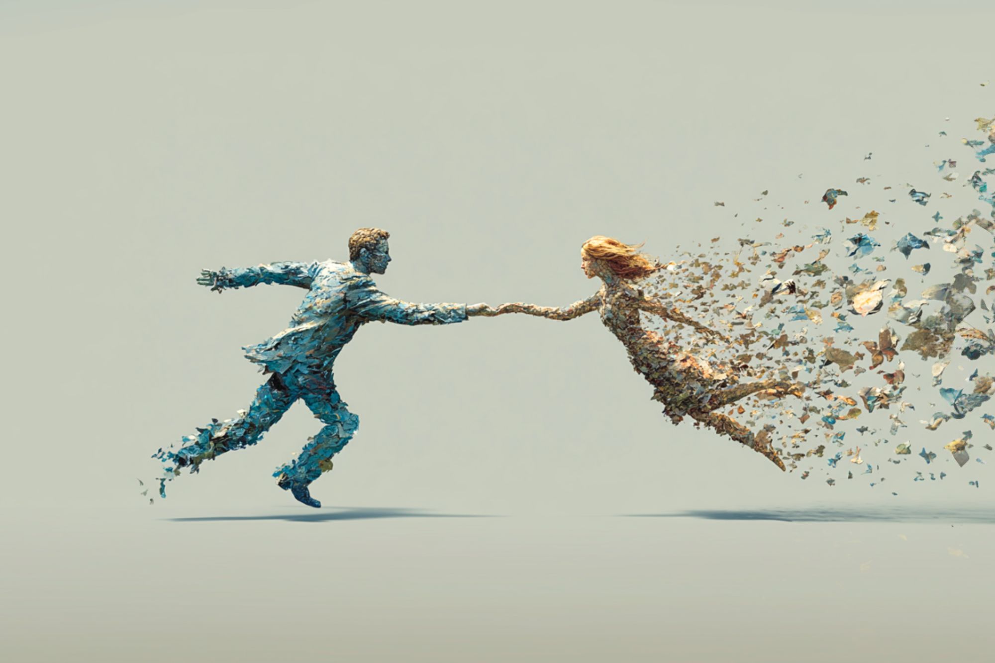 A man and a woman, both made of fragments, reach out to hold hands. The man is running forward, while the woman is dissolving into pieces that scatter behind her, suggesting movement and separation.