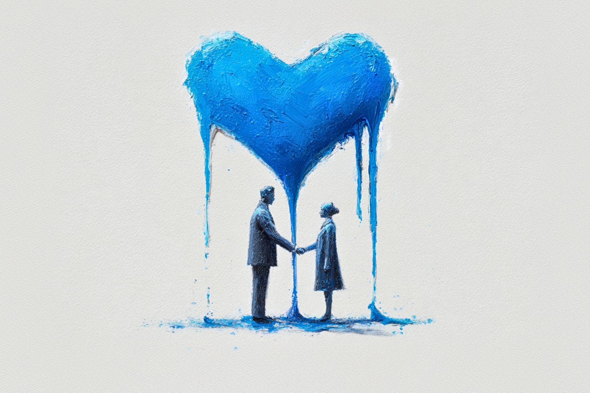 A man and woman stand facing each other, holding hands beneath a large, dripping blue heart painted above them on a light background. The artwork has a textured, painterly style.