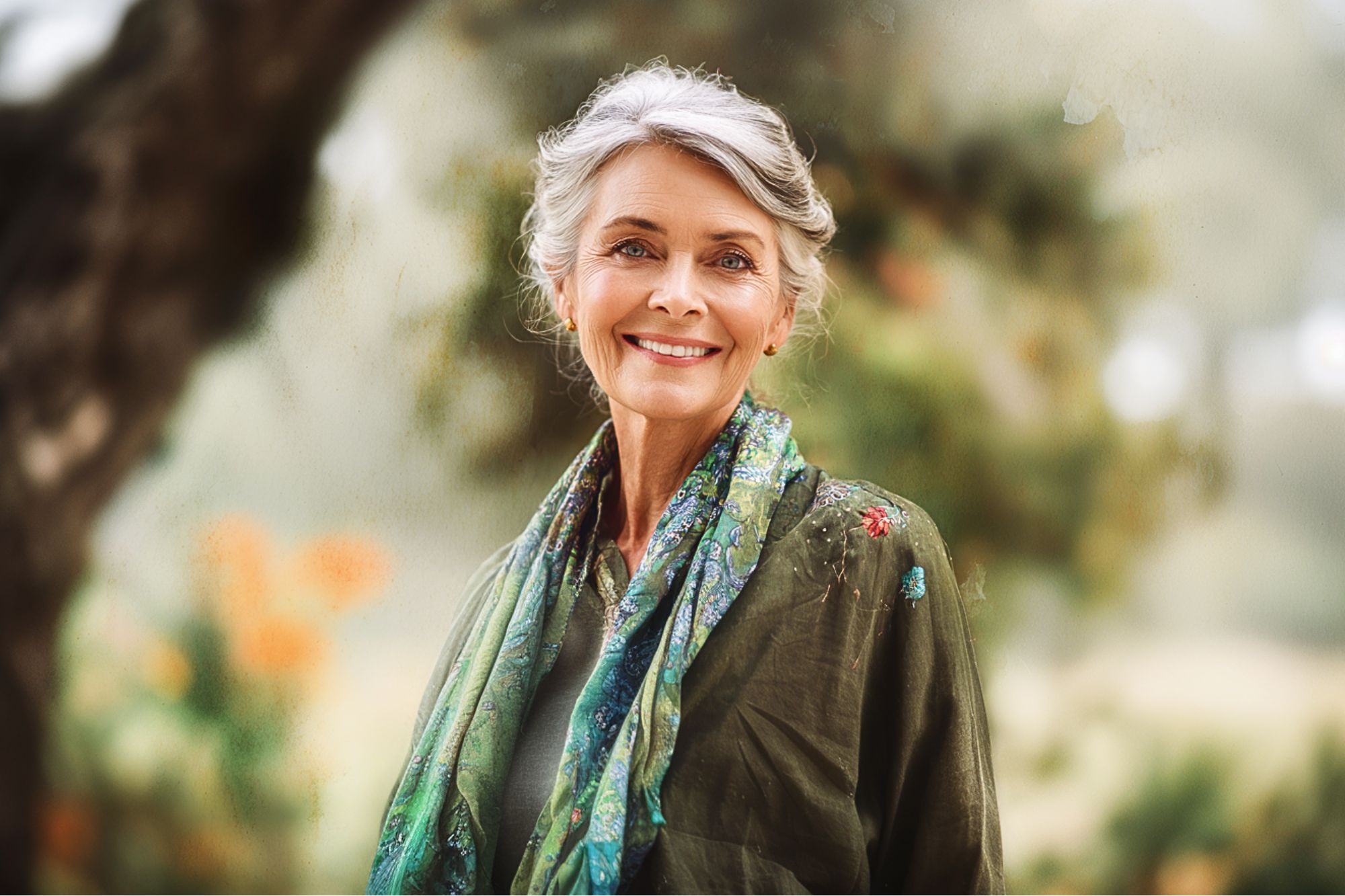 An older woman with gray hair smiles warmly, standing outdoors in front of blurred greenery. She wears a green top and a colorful scarf, radiating a peaceful and content demeanor.