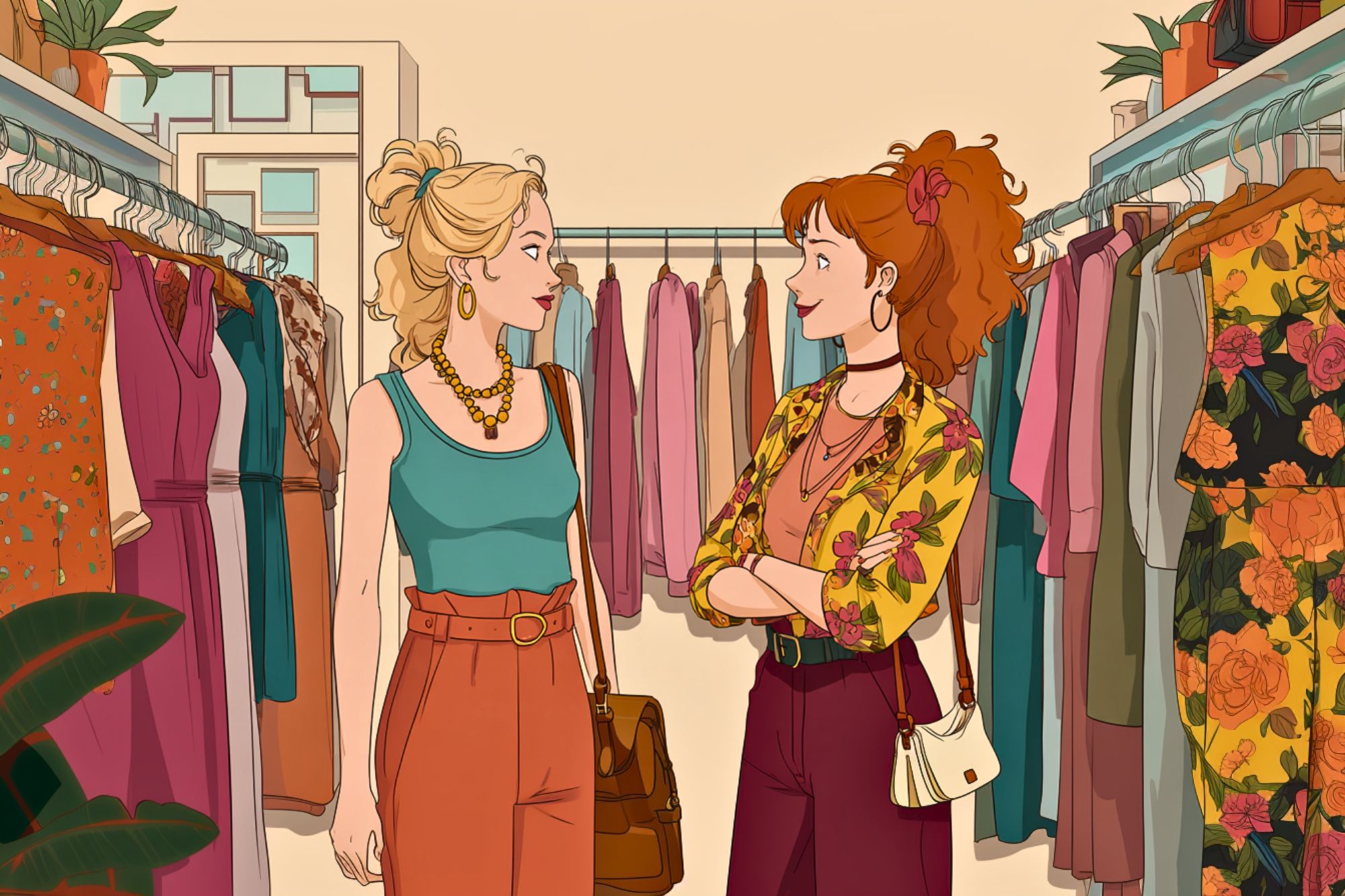 Two women stand in a clothing store, smiling and talking amid racks of colorful dresses and outfits. Both are stylishly dressed, one in a teal top and red pants, the other in a floral jacket and maroon pants.